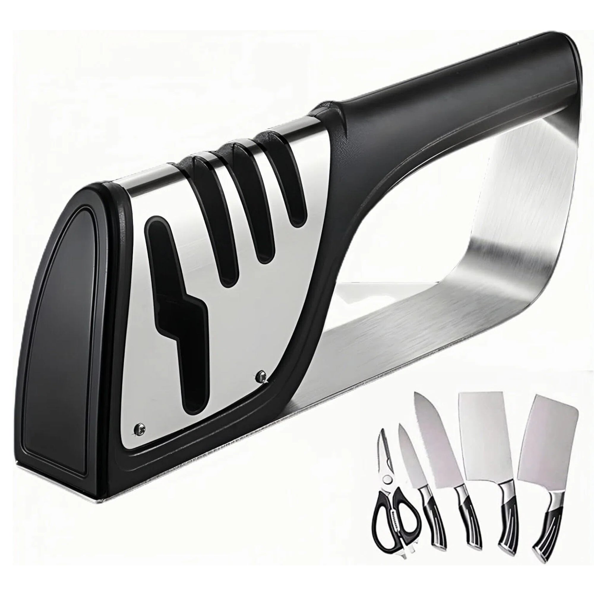 4-in-1 Knife Sharpener Professional Kitchen Knife & Scissor Sharpener with 3-Stage Sharpening System Anti-Slip Base, Ergonomic Handle, Stainless Steel Design for Home & Chef Use