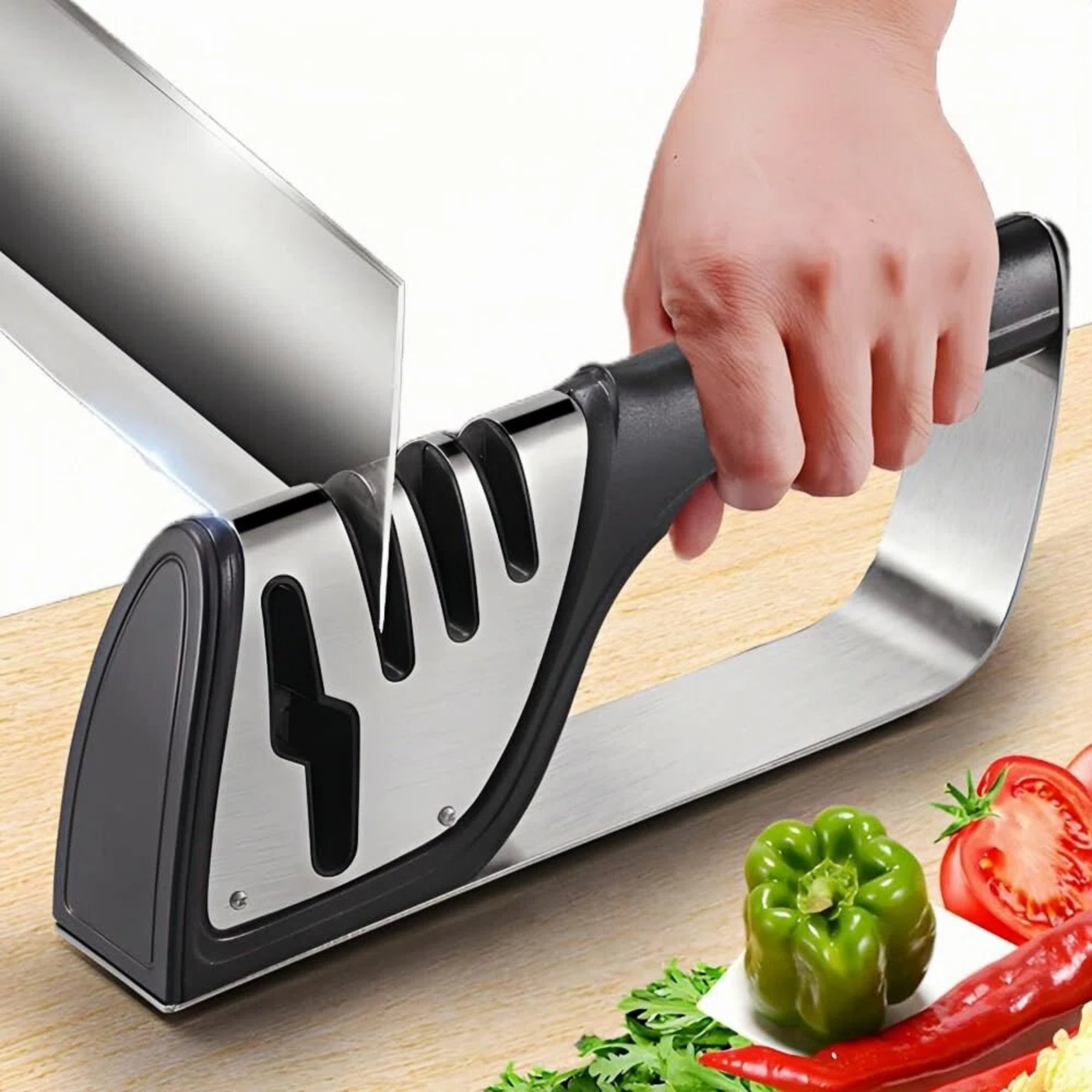 4-in-1 Knife Sharpener Professional Kitchen Knife & Scissor Sharpener with 3-Stage Sharpening System Anti-Slip Base, Ergonomic Handle, Stainless Steel Design for Home & Chef Use