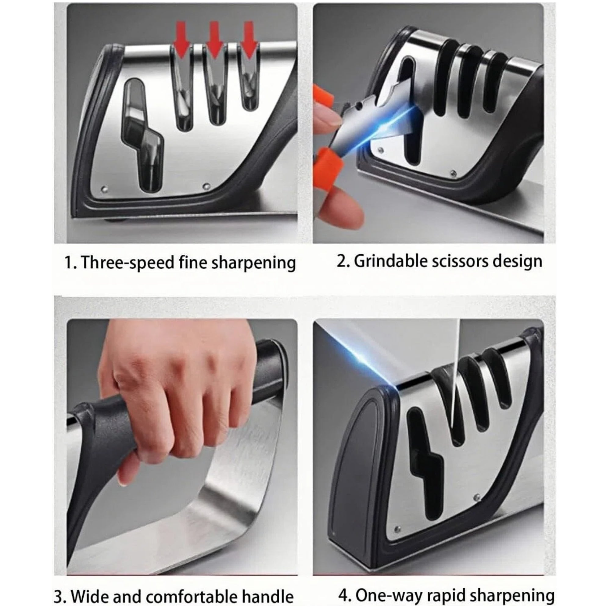 4-in-1 Knife Sharpener Professional Kitchen Knife & Scissor Sharpener with 3-Stage Sharpening System Anti-Slip Base, Ergonomic Handle, Stainless Steel Design for Home & Chef Use