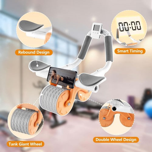 Automatic Rebound Abdominal Wheel, Excercise Ab Roller Wheel with Elbow Support, Phone Holder, Timer, Anti-Slip Pad (Orange)