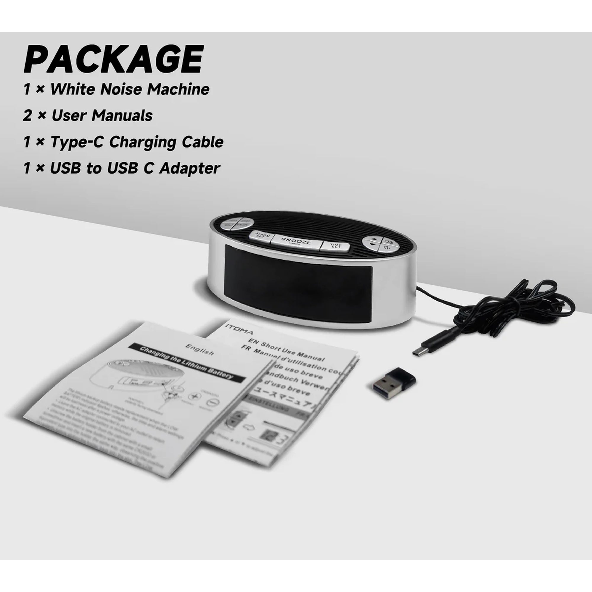 2-in-1 Digital Alarm Clock with White Noise Machine, 20 Soothing Sounds, 5 Timer Options, Dimmable LED Display, Snooze Function, USB-C Charging, for Bedroom and Travel Model 301 Product Code: Alarm_itoma_301