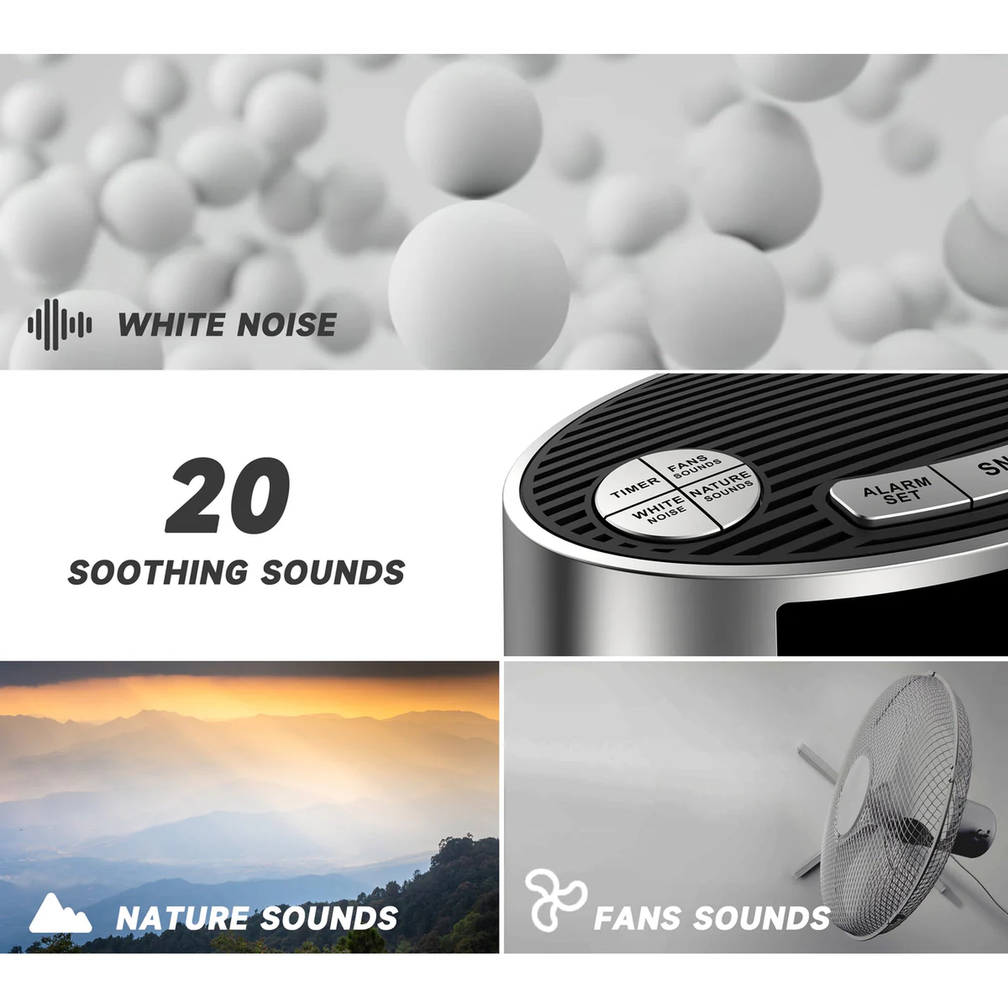 2-in-1 Digital Alarm Clock with White Noise Machine, 20 Soothing Sounds, 5 Timer Options, Dimmable LED Display, Snooze Function, USB-C Charging, for Bedroom and Travel Model 301 Product Code: Alarm_itoma_301