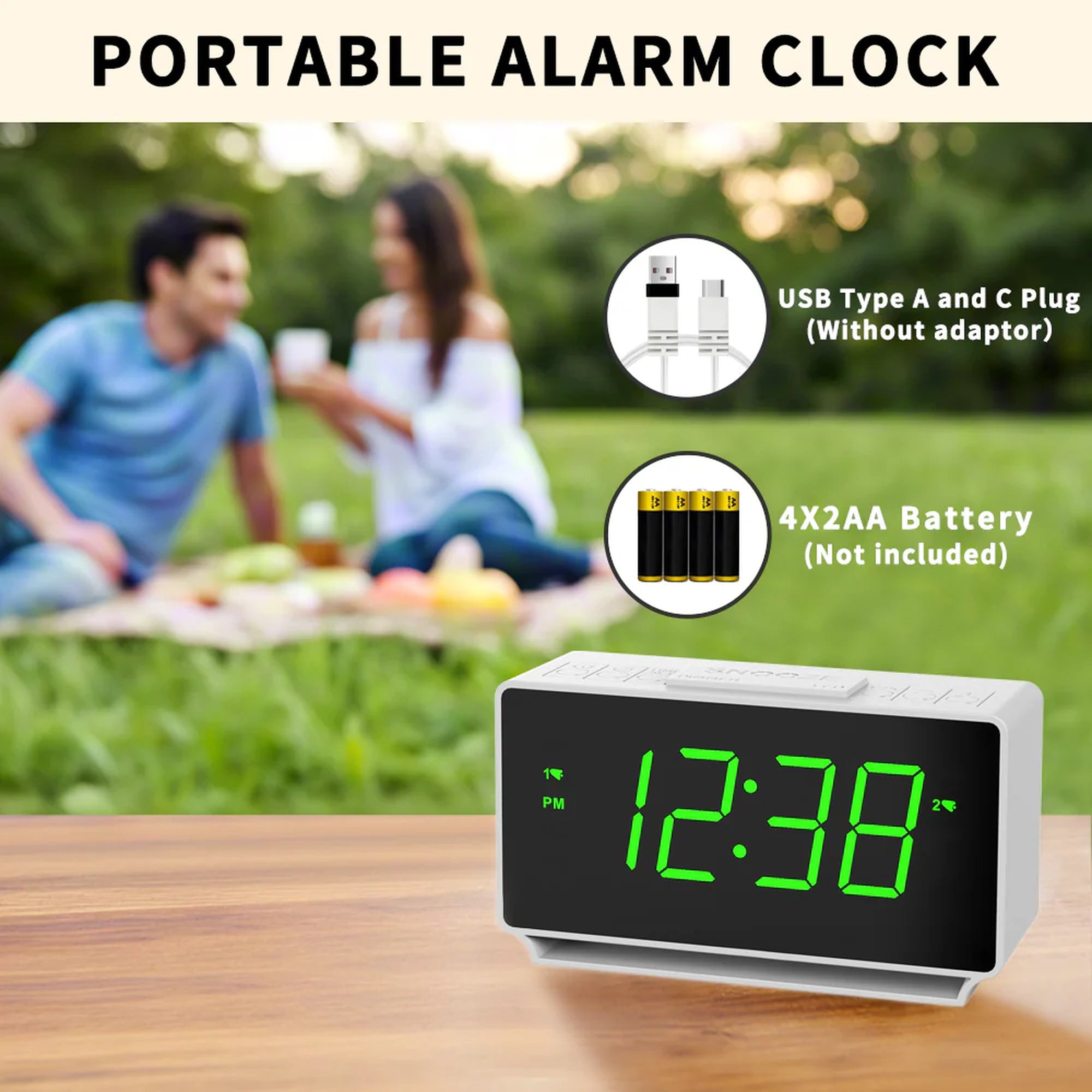 Digital Alarm Clock with Dual Alarms, 7-5-2 Mode, LED Display, USB & Battery Powered, Temperature Display (°C/°F), 4-Level Brightness & 2-Level Night Light Model 3301– White