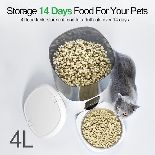 4L Automatic Pet Feeder, WiFi Cat Food Dispenser with Stainless Steel Bowl, App Control, Portion Control, Voice Recording for Cats, Small/ Medium Pets