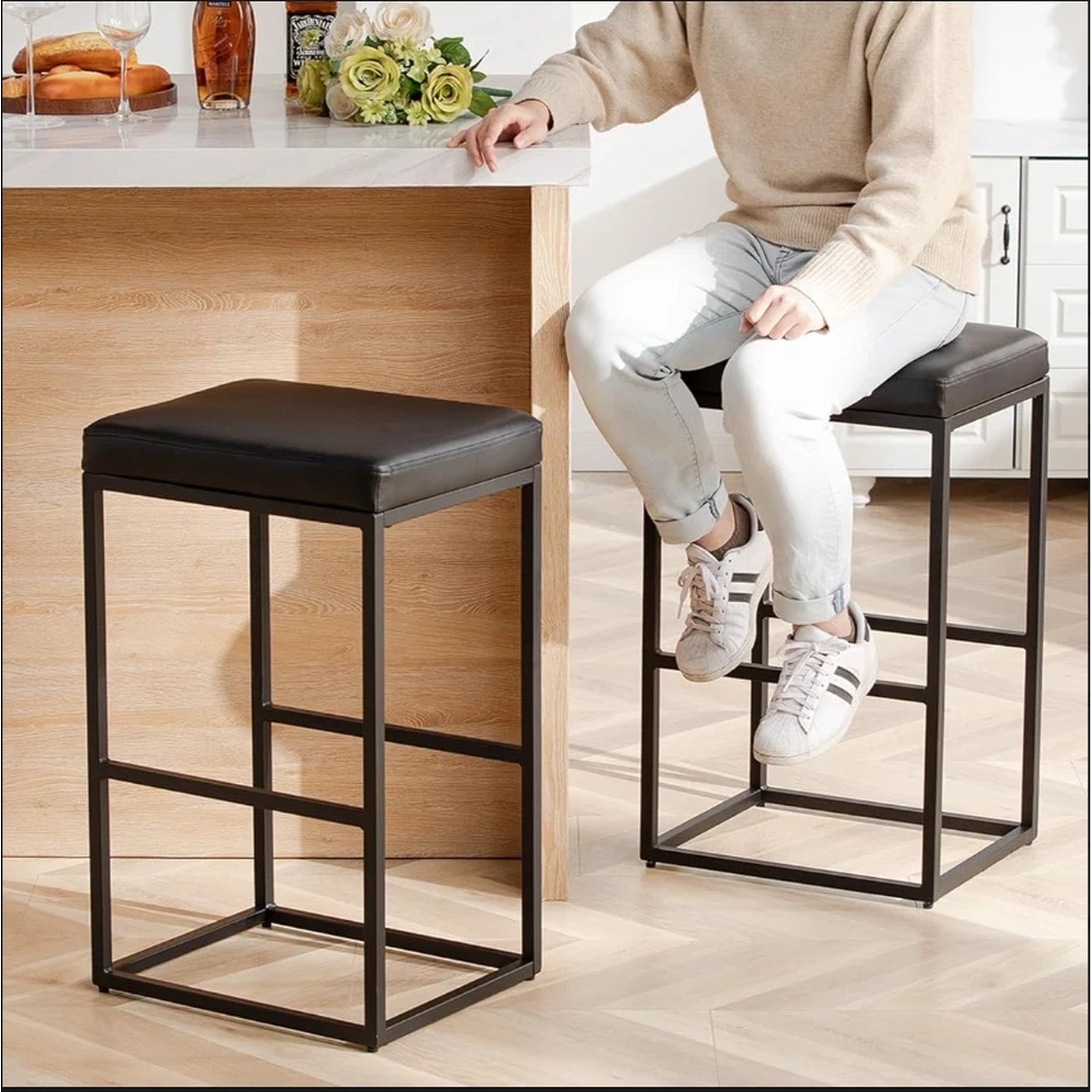 2 PCS Square Bar Stool Set with PU Leather Cushion 30