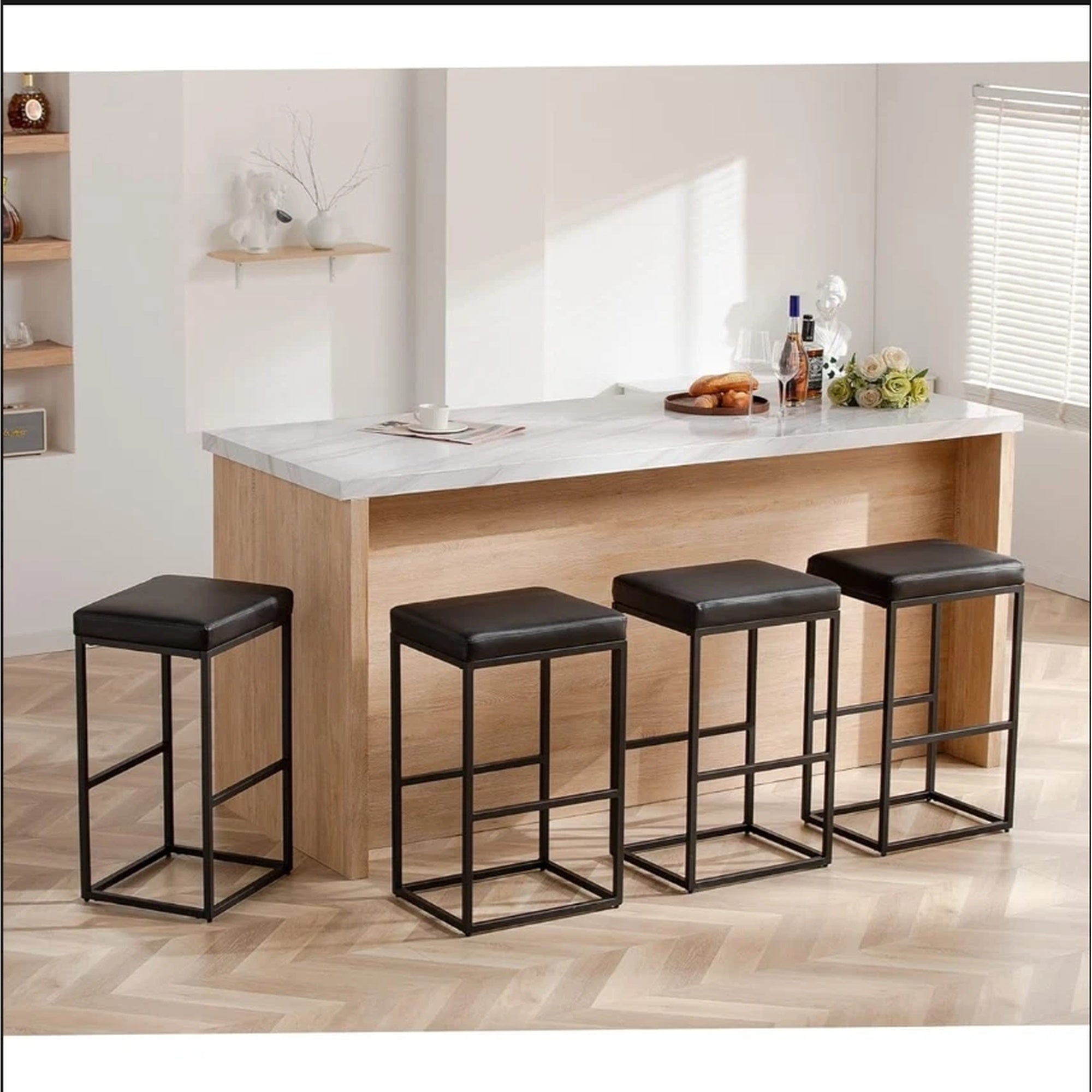 2 PCS Square Bar Stool Set with PU Leather Cushion 30