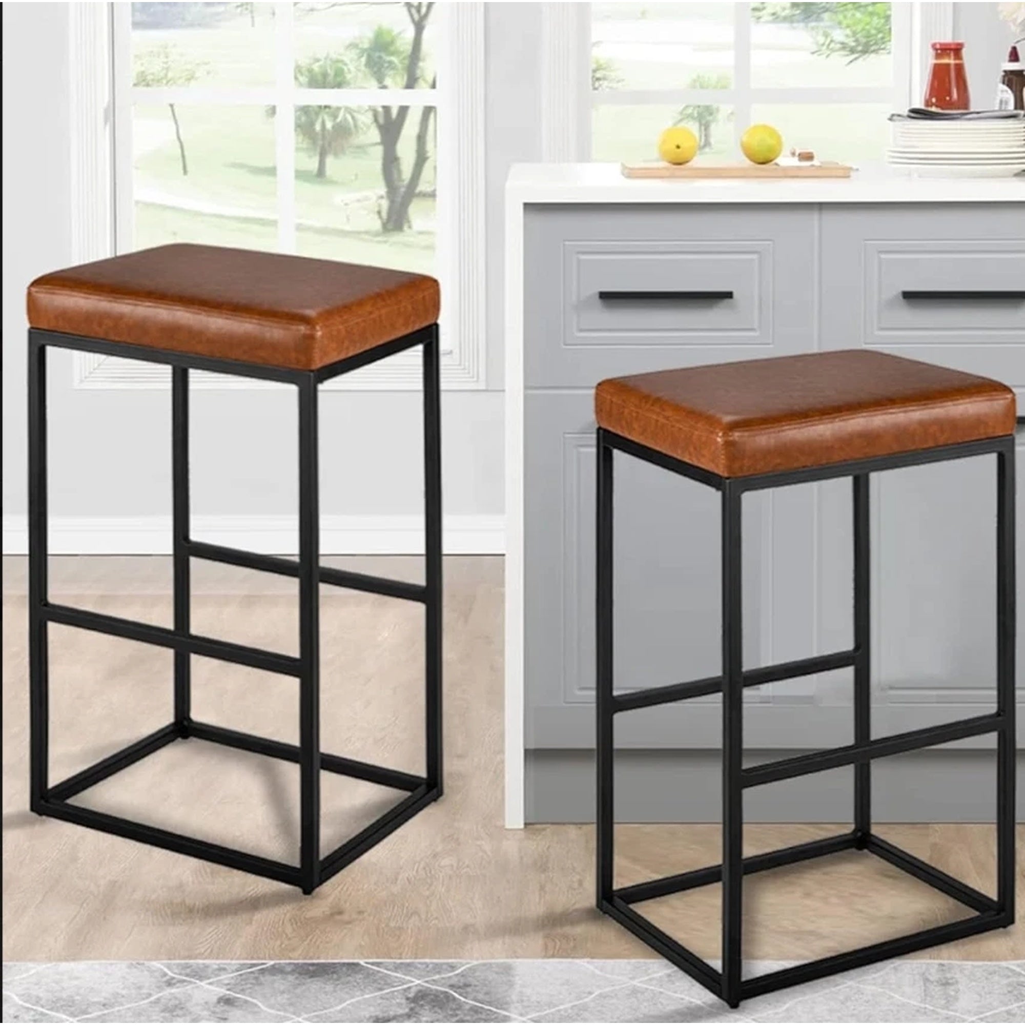 2 PCS Square Bar Stool Set with PU Leather Cushion 30