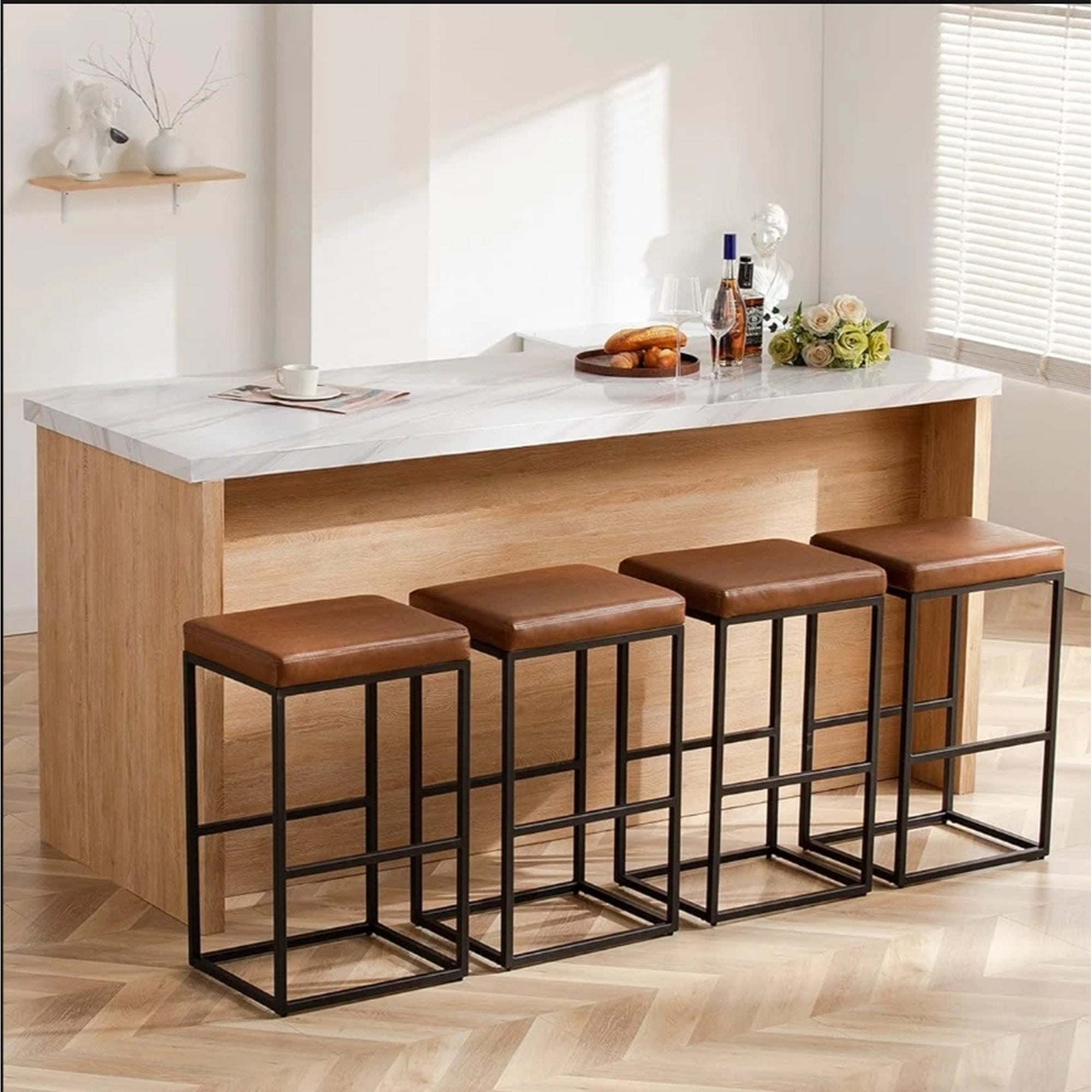 2 PCS Square Bar Stool Set with PU Leather Cushion 30