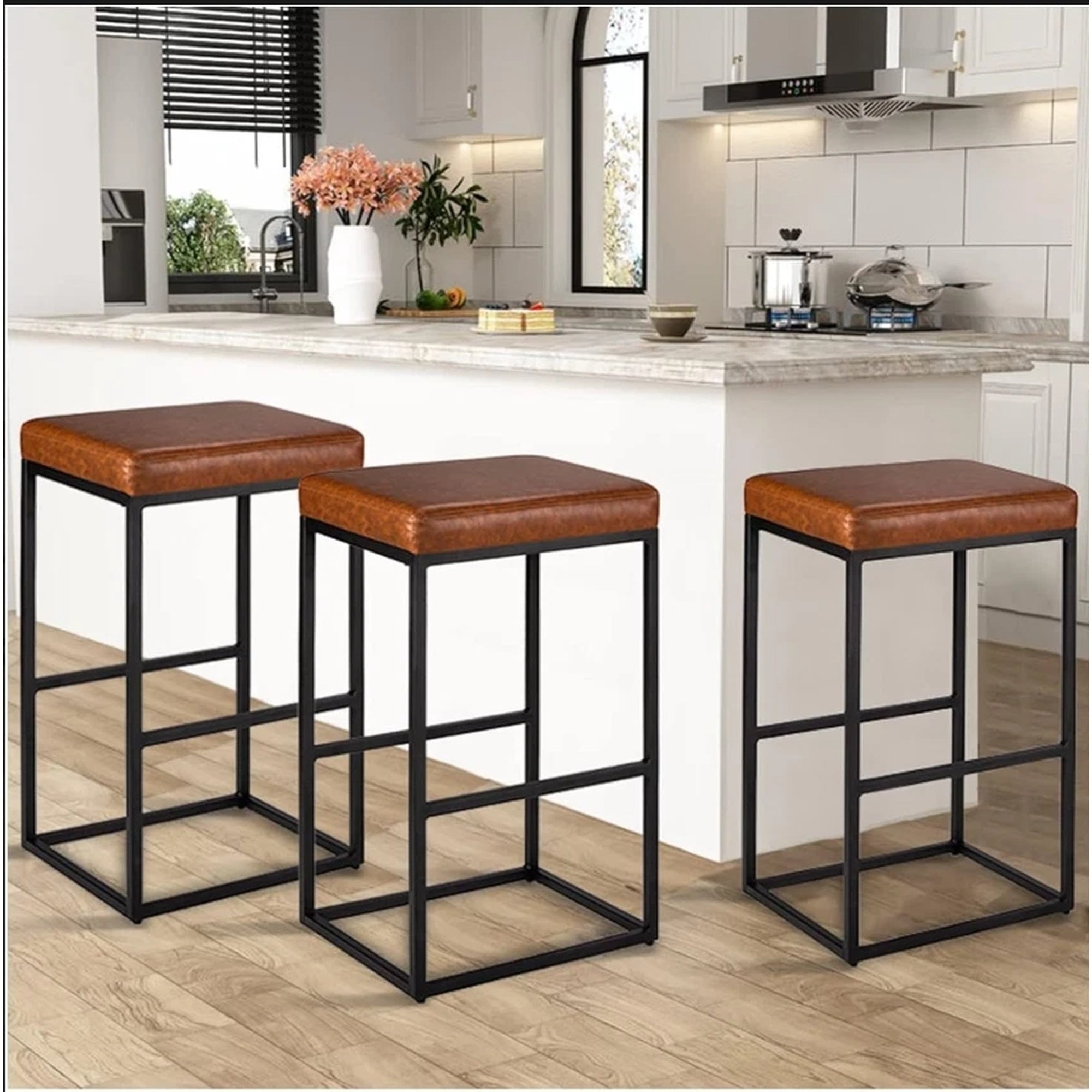 2 PCS Square Bar Stool Set with PU Leather Cushion 30