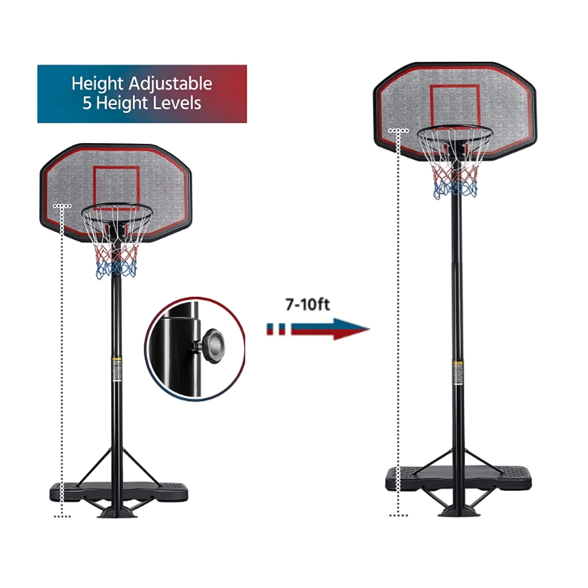 7-10ft Basketball Hoop, Portable Adjustable Height Basketball Set with Wheels, 43 inch Backboard for Youth and Adults - 611312