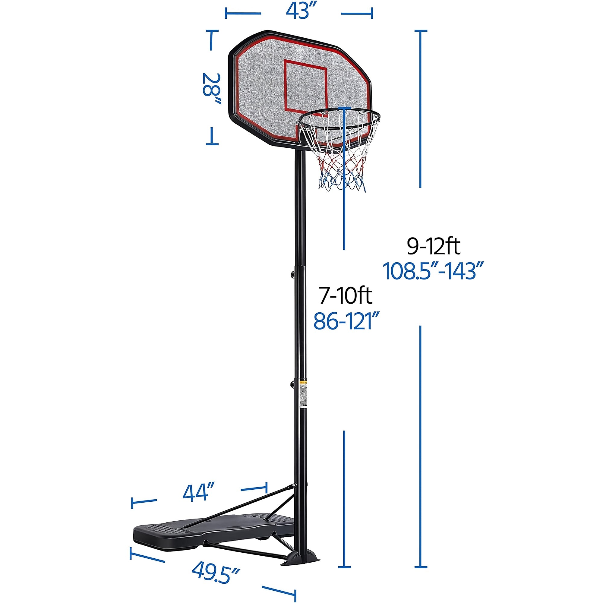 7-10ft Basketball Hoop, Portable Adjustable Height Basketball Set with Wheels, 43 inch Backboard for Youth and Adults - 611312