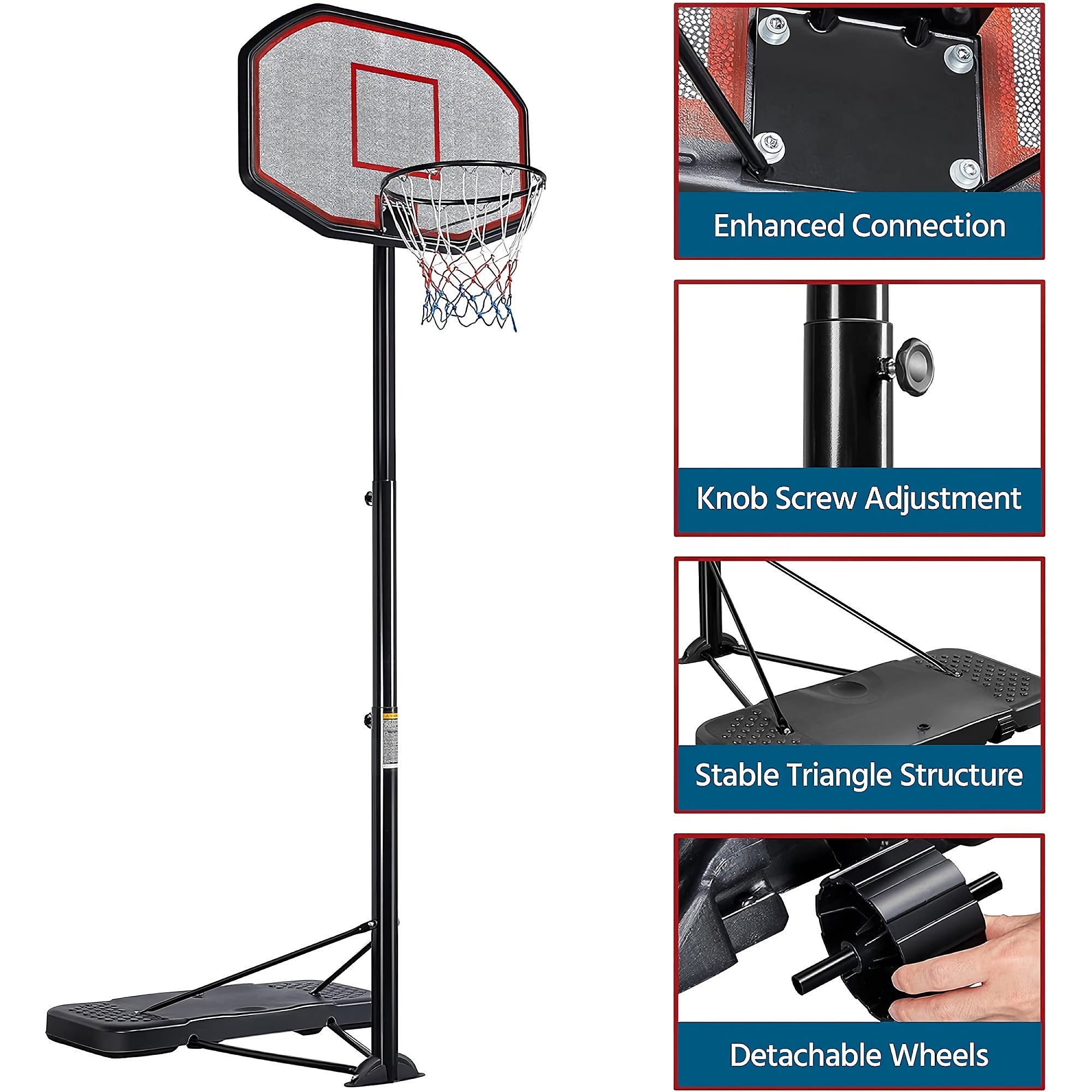 7-10ft Basketball Hoop, Portable Adjustable Height Basketball Set with Wheels, 43 inch Backboard for Youth and Adults - 611312