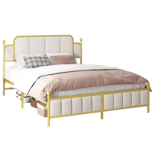 16pcs Queen Size Upholstered Bed Frame, Metal Bed Frame with Linen Fabric Headboard, Under Bed Storage, No Box Spring Required (Pallet)