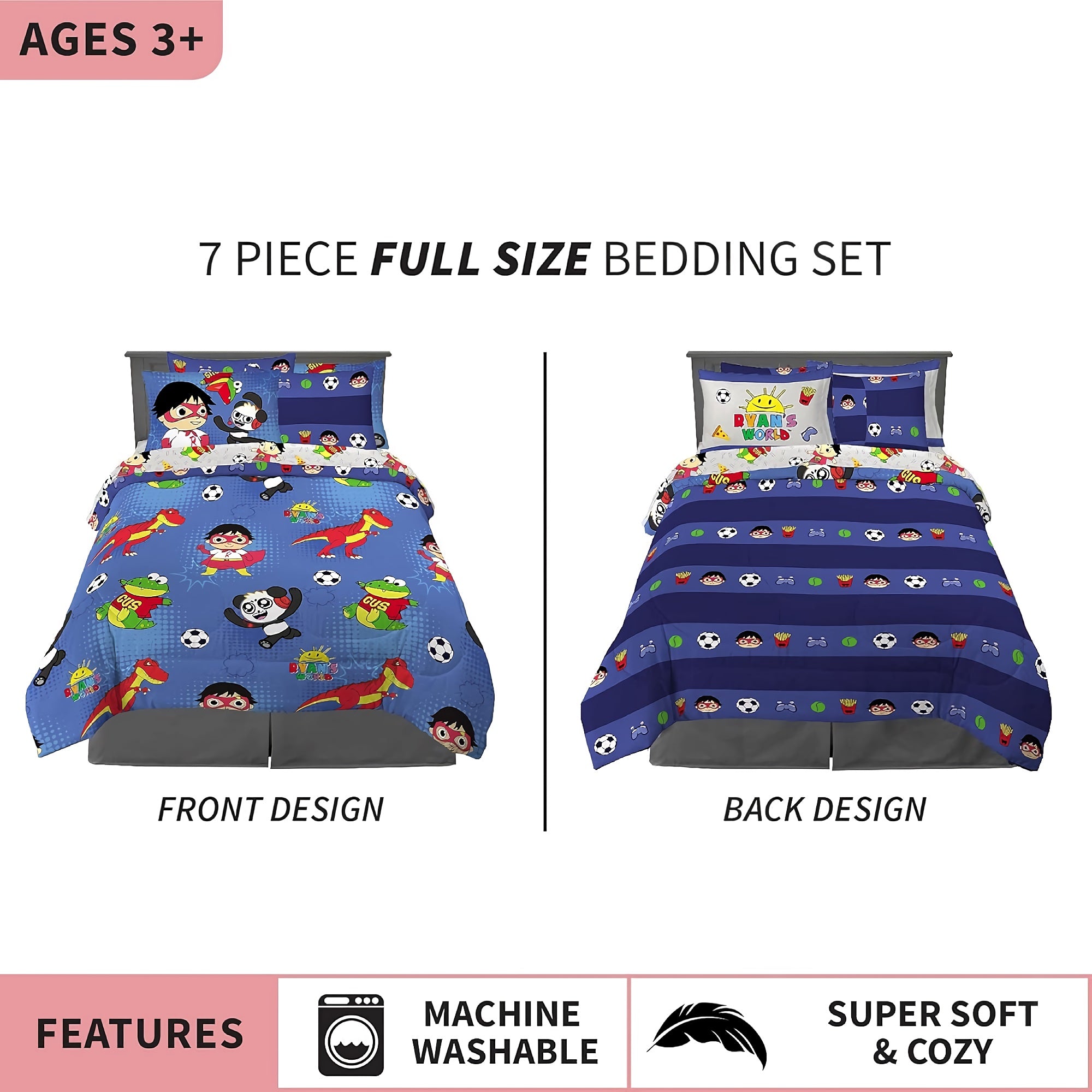 7-Piece Kids Bedding Sheet Set, Full Size, Cartoon Soft Microfiber Comforter, Fitted Sheet, 2 Pillowcases, 2 Shams for Full Bed - DT2538