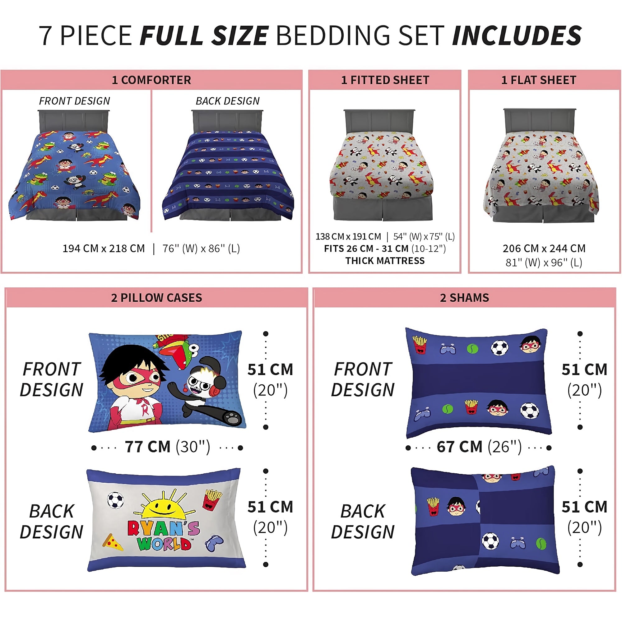7-Piece Kids Bedding Sheet Set, Full Size, Cartoon Soft Microfiber Comforter, Fitted Sheet, 2 Pillowcases, 2 Shams for Full Bed - DT2538