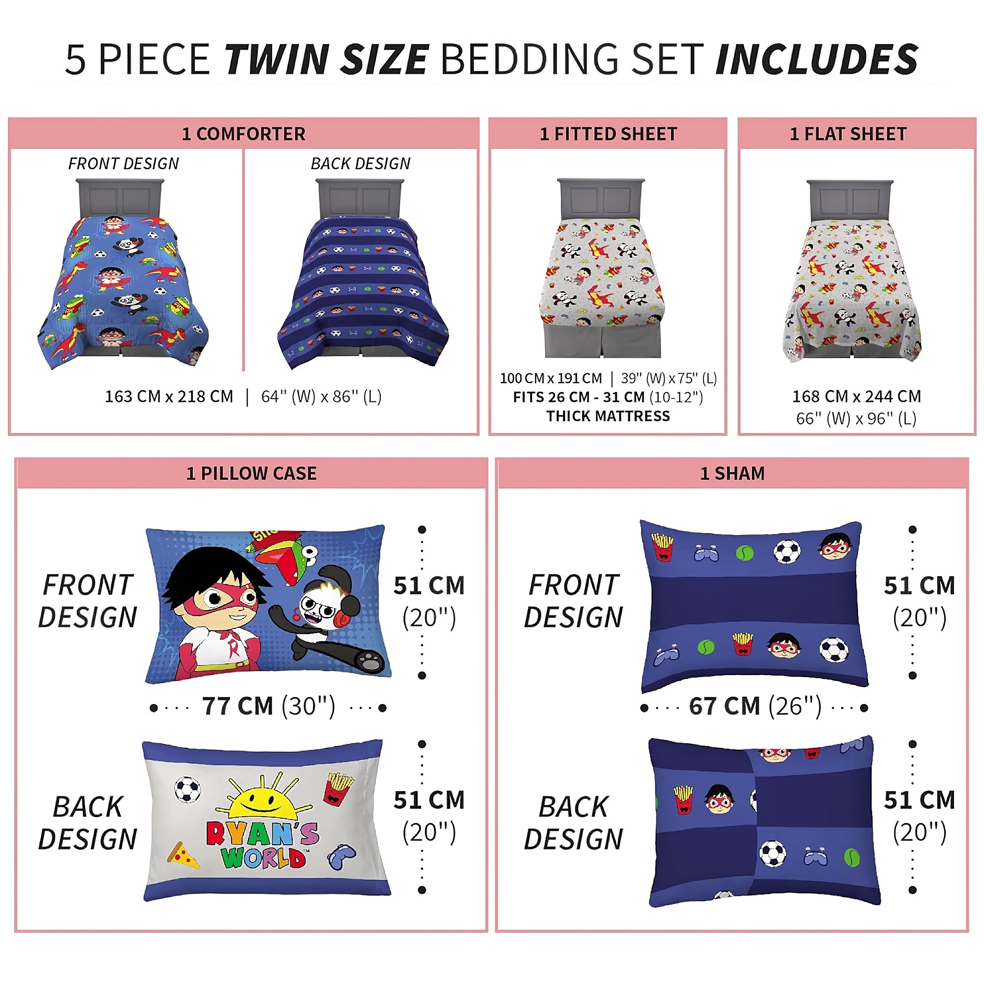5-Piece Kids Bedding Sheet Set, Twin Size, Cartoon Soft Microfiber Comforter, Fitted Sheet, Pillowcase, Sham for Twin Bed - DT2538