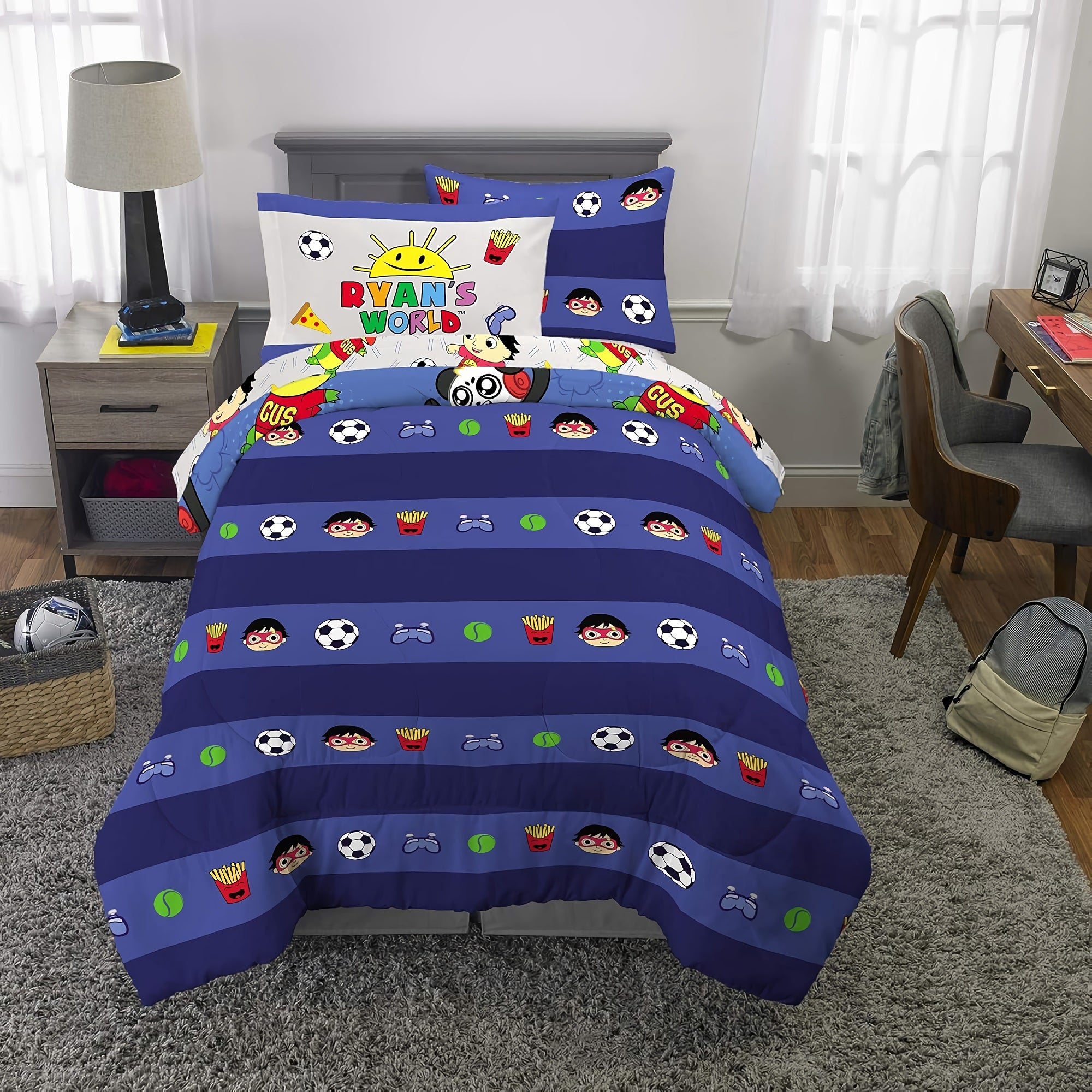5-Piece Kids Bedding Sheet Set, Twin Size, Cartoon Soft Microfiber Comforter, Fitted Sheet, Pillowcase, Sham for Twin Bed - DT2538