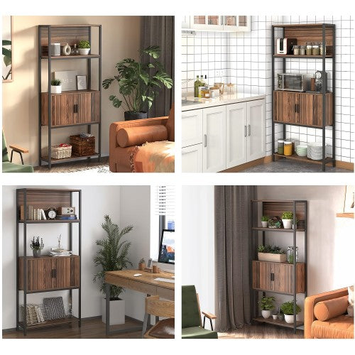 5-Tier Bookshelf with Doors, Rustic Wood Industrial Bookcase for Home, Living Room, Bedroom, Office (Walnut Brown)