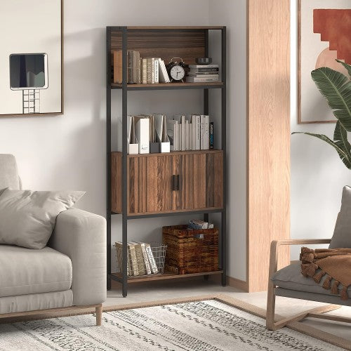 5-Tier Bookshelf with Doors, Rustic Wood Industrial Bookcase for Home, Living Room, Bedroom, Office (Walnut Brown)