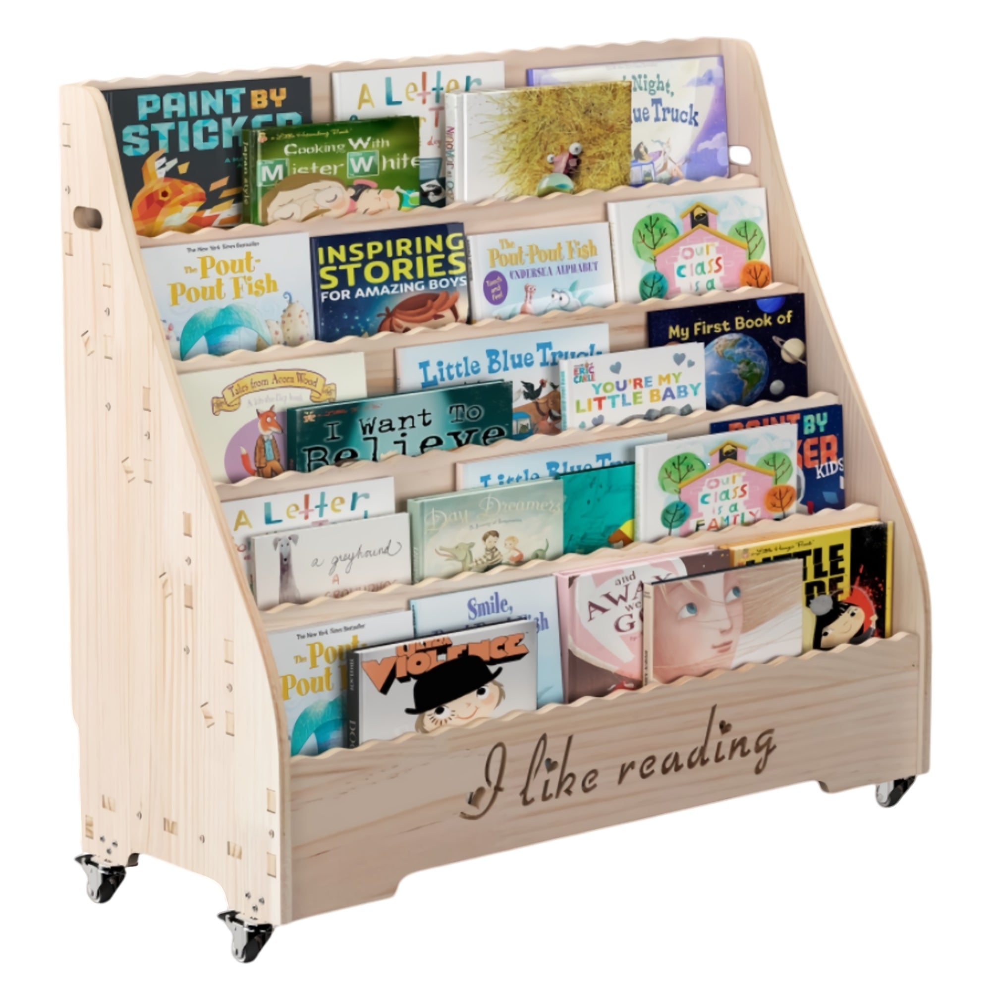 Kids Wooden Book Shelf with Wheels, Display Shelf with 5 Tiered Front-Facing Compartments, Engraved Panel