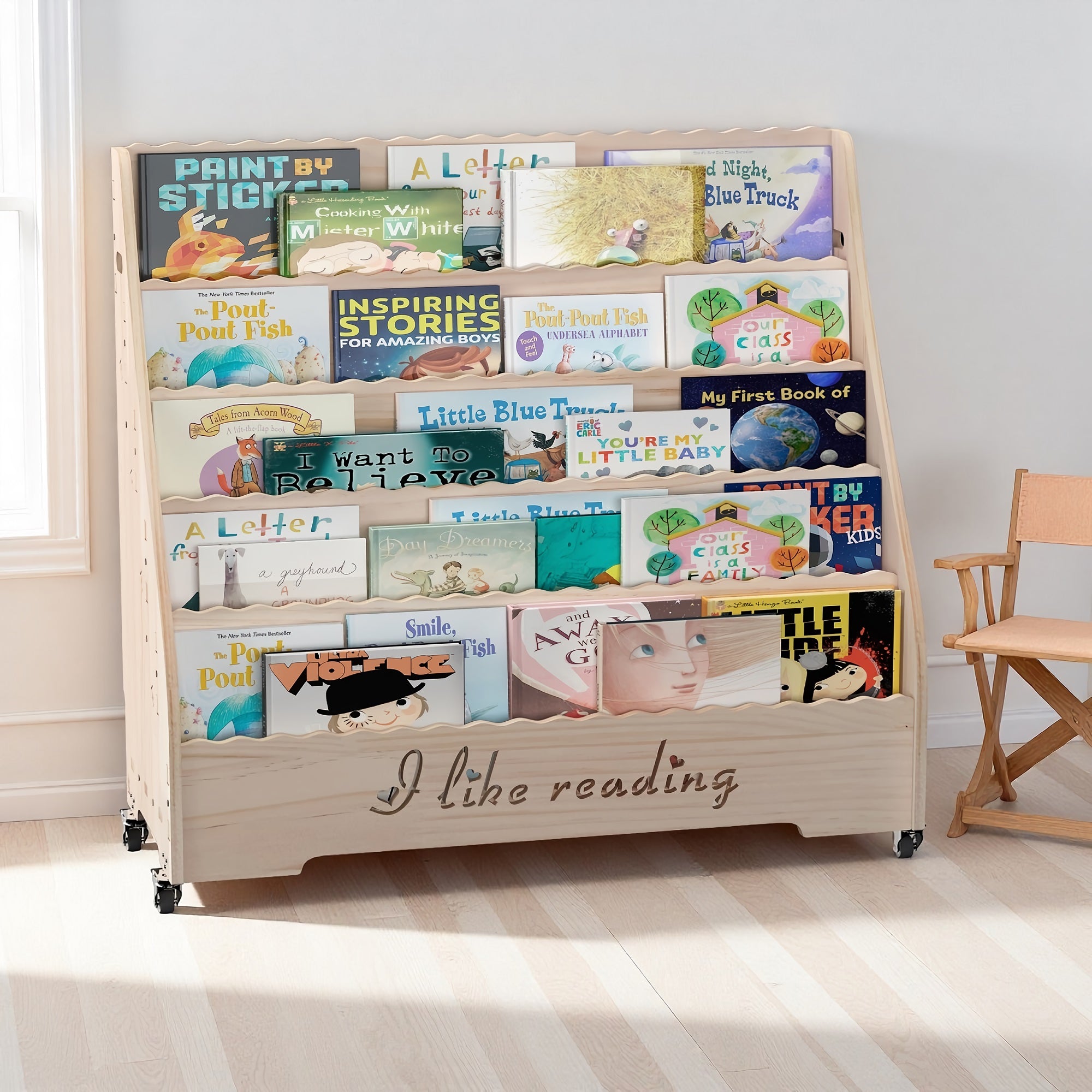 Kids Wooden Book Shelf with Wheels, Display Shelf with 5 Tiered Front-Facing Compartments, Engraved Panel