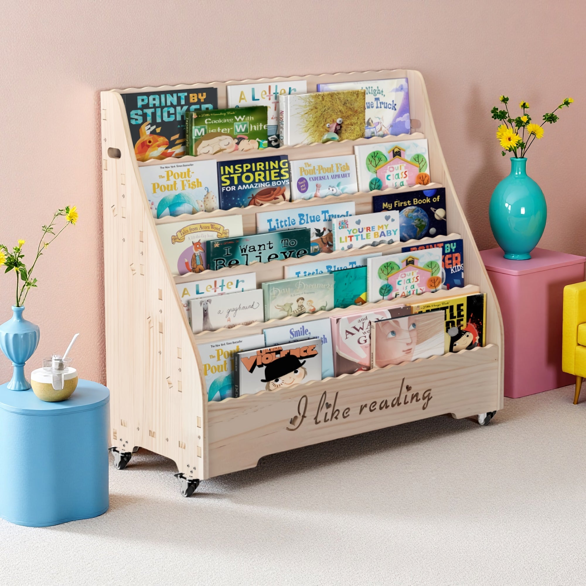 Kids Wooden Book Shelf with Wheels, Display Shelf with 5 Tiered Front-Facing Compartments, Engraved Panel