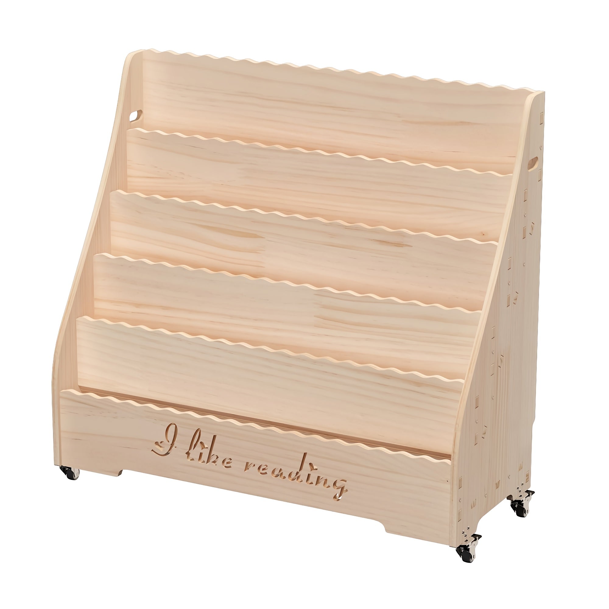 Kids Wooden Book Shelf with Wheels, Display Shelf with 5 Tiered Front-Facing Compartments, Engraved Panel