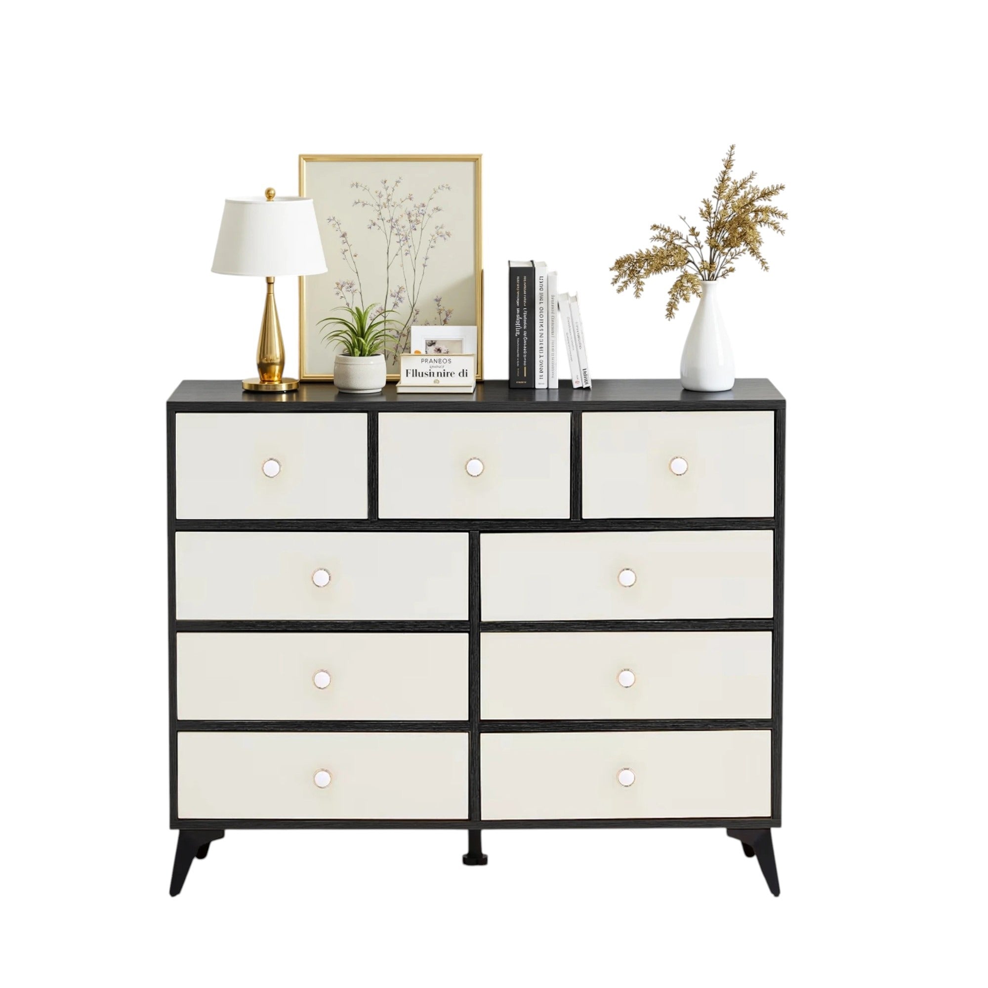 9-Drawer Storage Cabinet, Dresser Organizer with Wood Desktop, White Drawer Panels (Black) - BC-02-BLK