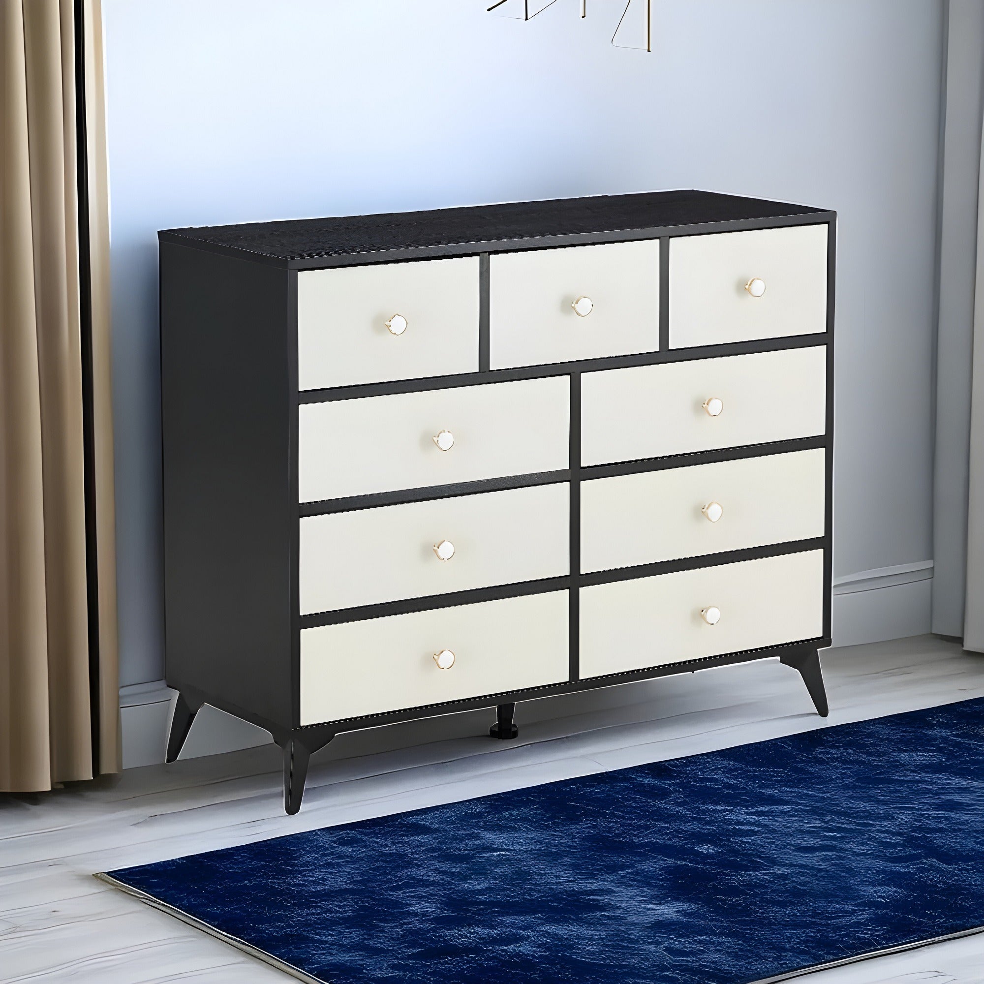 9-Drawer Storage Cabinet, Dresser Organizer with Wood Desktop, White Drawer Panels (Black) - BC-02-BLK