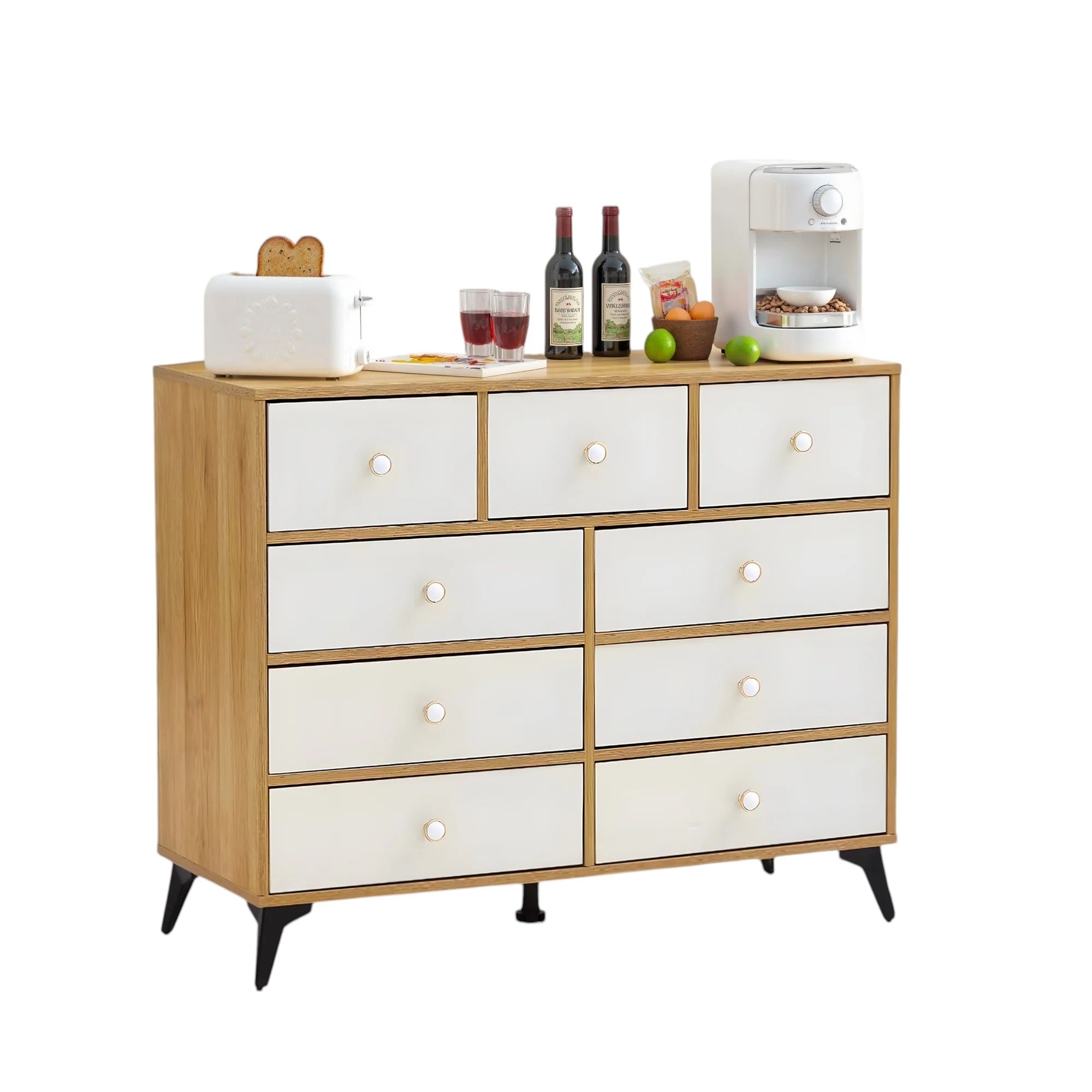 9-Drawer Storage Cabinet, Dresser Organizer with Wood Desktop, White Drawer Panels (Natural) - BC-02-NW