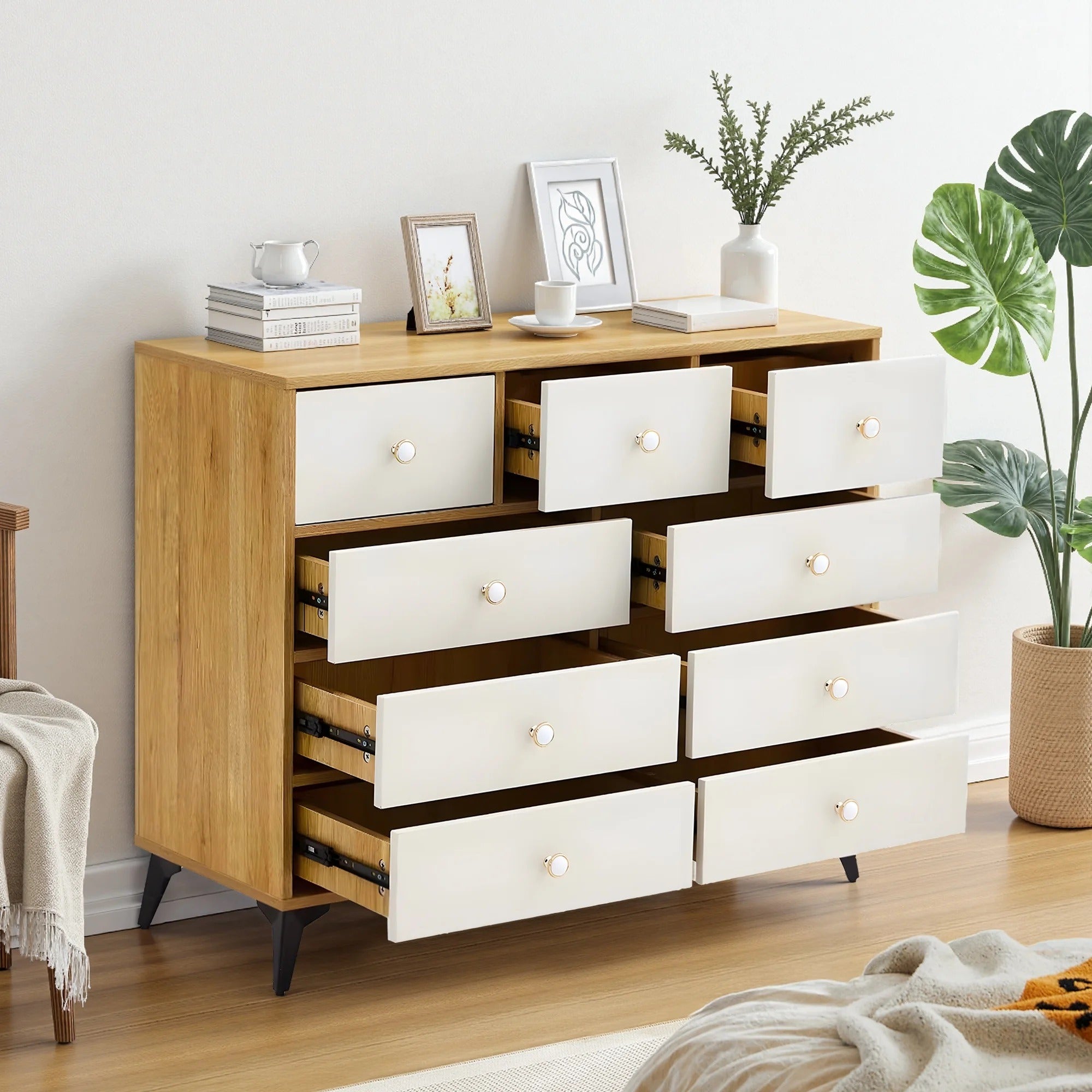 9-Drawer Storage Cabinet, Dresser Organizer with Wood Desktop, White Drawer Panels (Natural) - BC-02-NW