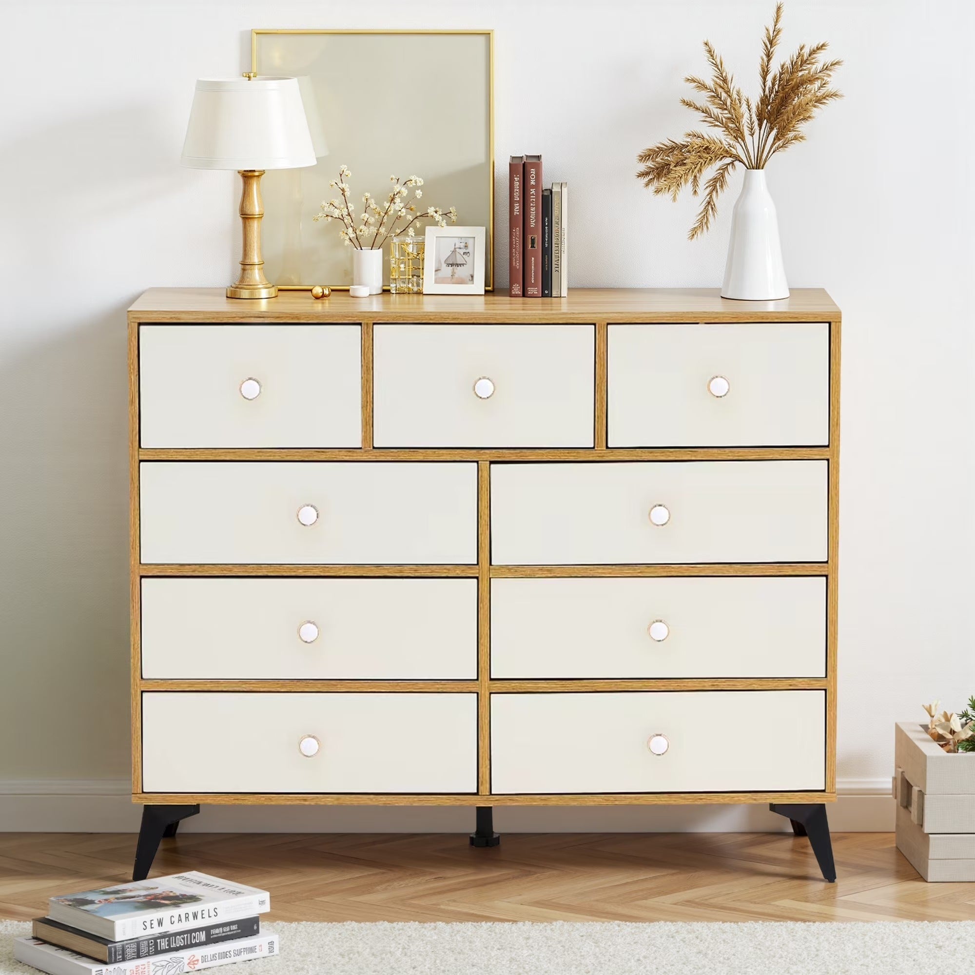 9-Drawer Storage Cabinet, Dresser Organizer with Wood Desktop, White Drawer Panels (Natural) - BC-02-NW