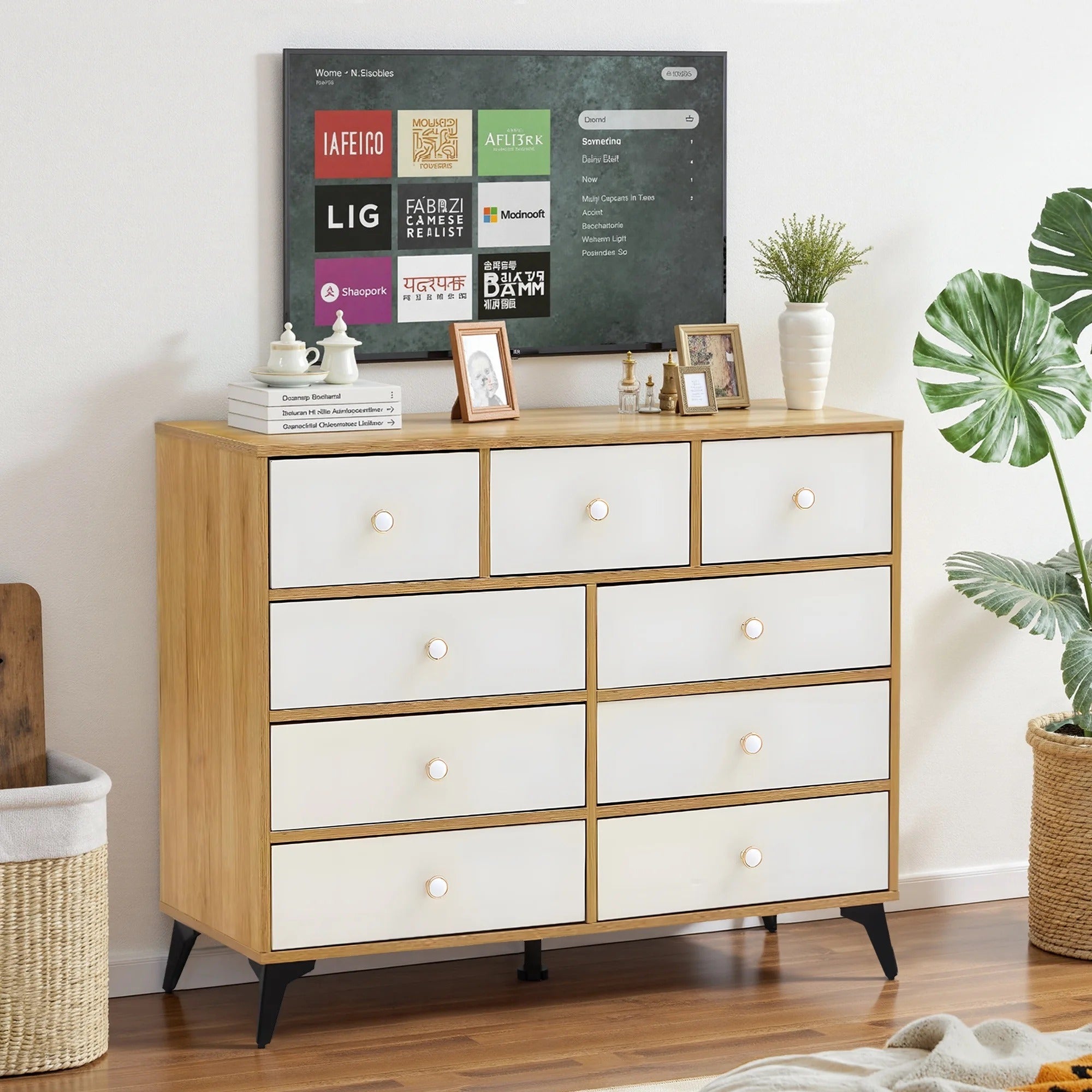 9-Drawer Storage Cabinet, Dresser Organizer with Wood Desktop, White Drawer Panels (Natural) - BC-02-NW