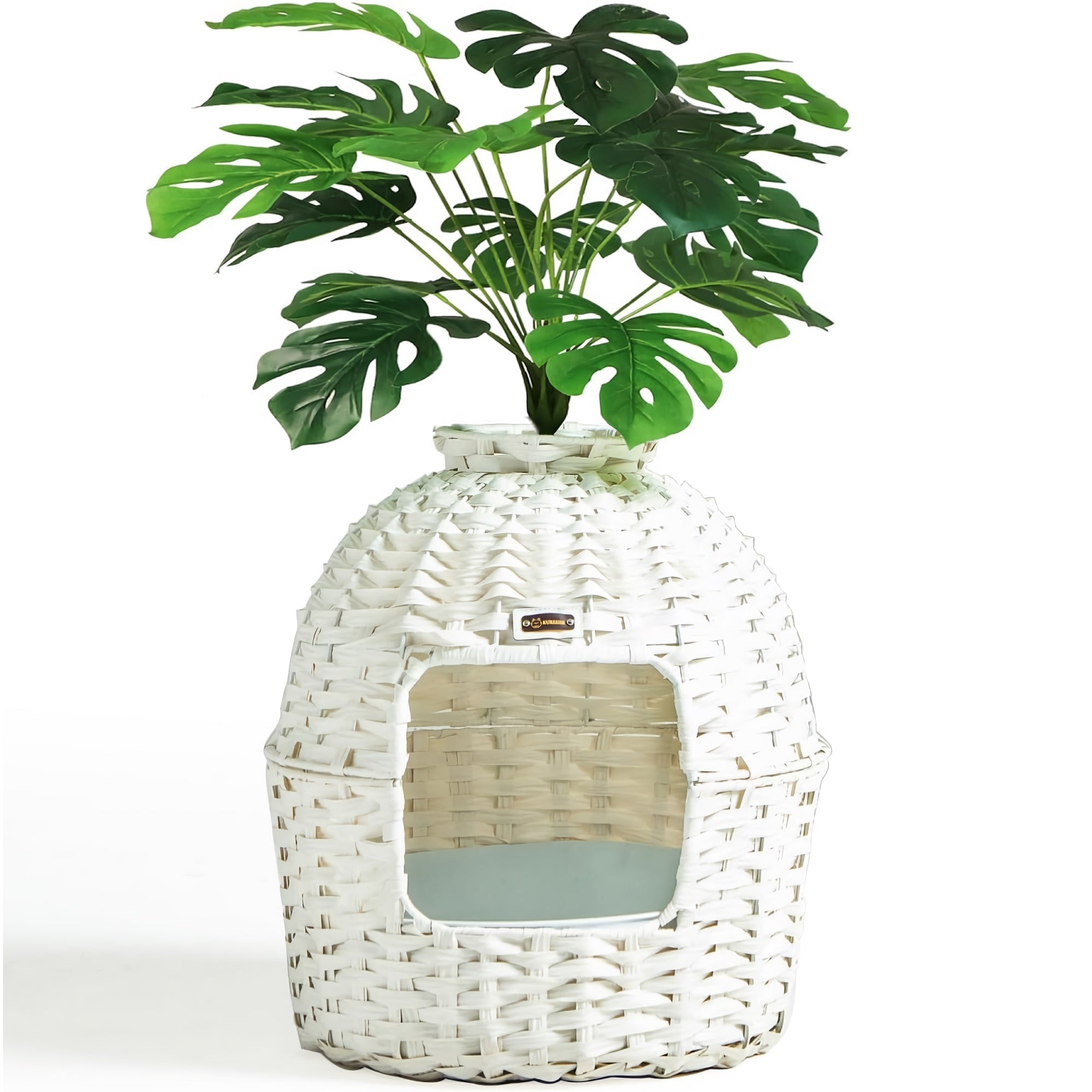 KUREEISE Cat Litter Box, Handwoven Rattan Cat House Enclosure with Artificial Plants, Enclosed Cat Planter Litter Box (White) - RXKE12-WE