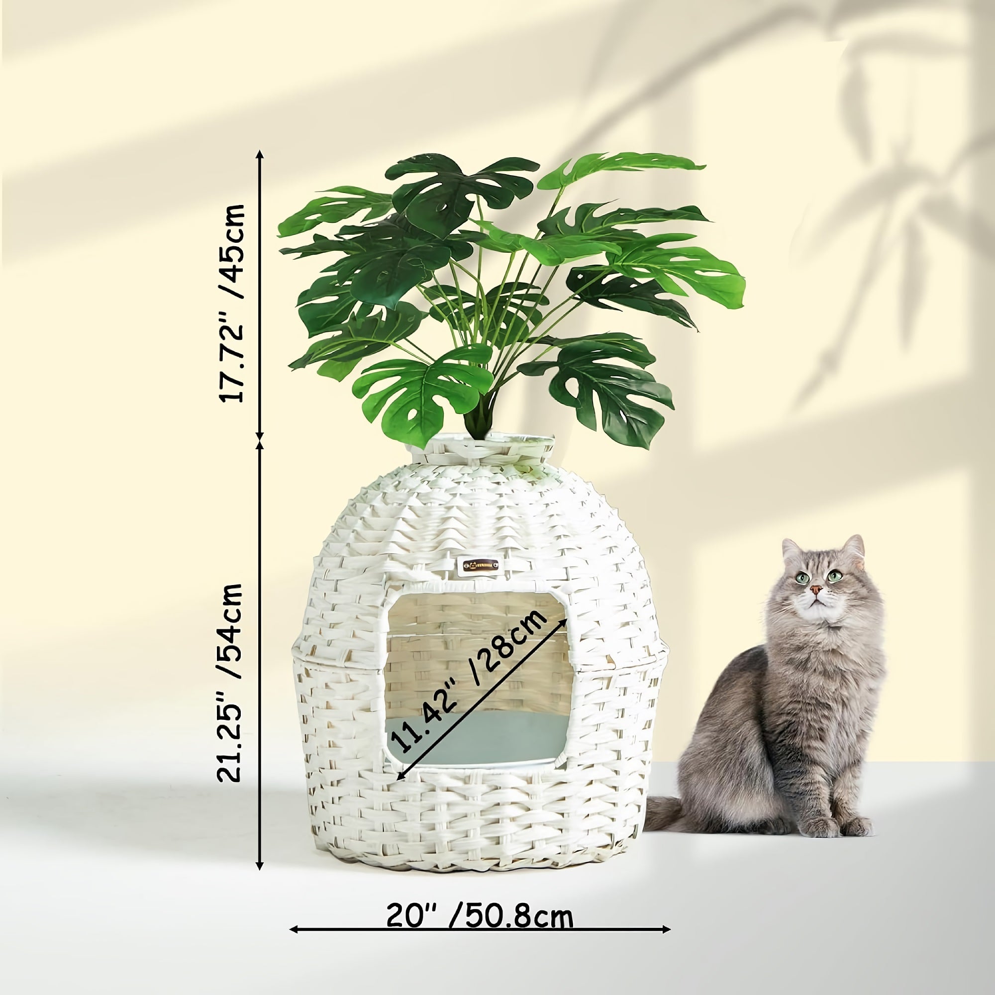 KUREEISE Cat Litter Box, Handwoven Rattan Cat House Enclosure with Artificial Plants, Enclosed Cat Planter Litter Box (White) - RXKE12-WE