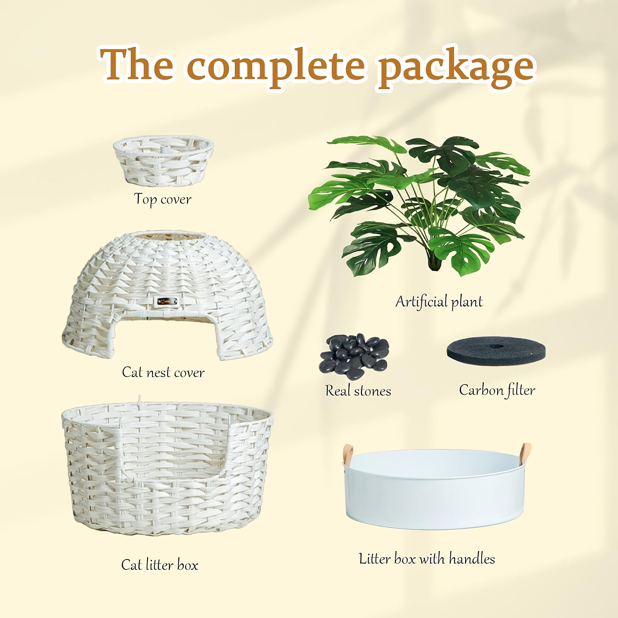 KUREEISE Cat Litter Box, Handwoven Rattan Cat House Enclosure with Artificial Plants, Enclosed Cat Planter Litter Box (White) - RXKE12-WE
