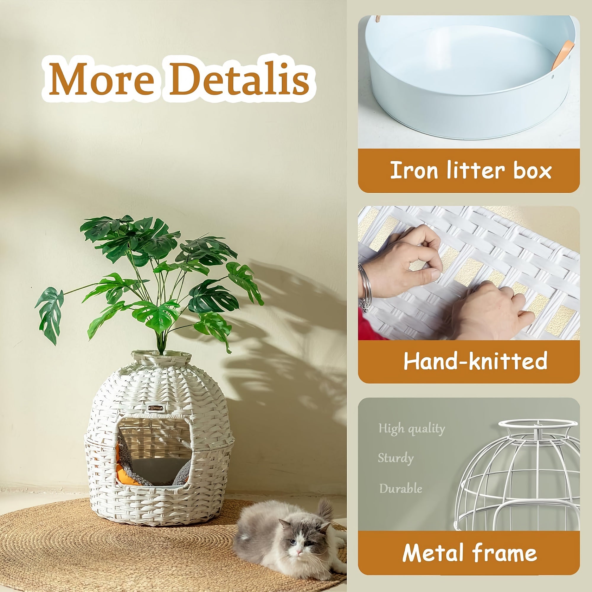 KUREEISE Cat Litter Box, Handwoven Rattan Cat House Enclosure with Artificial Plants, Enclosed Cat Planter Litter Box (White) - RXKE12-WE