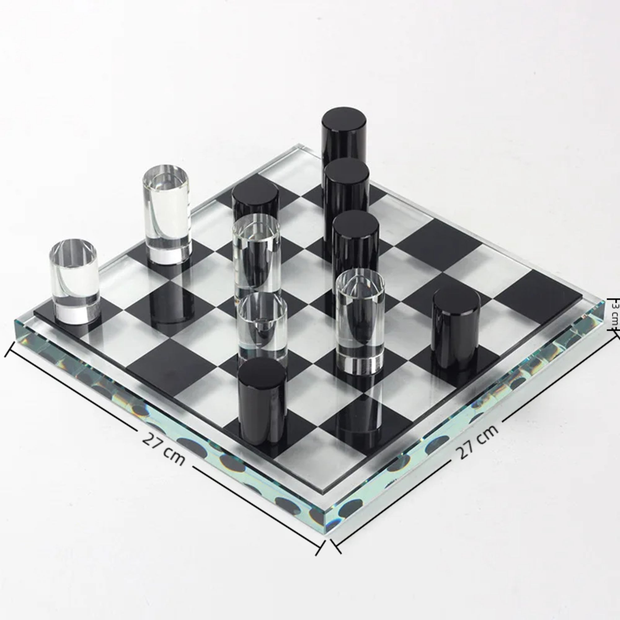 Luxury Glas Chess Set – Modern Transparent & Black Cylinder Pieces with Glass Chessboard 27 x 27 cm Gift for birthday party, holiday