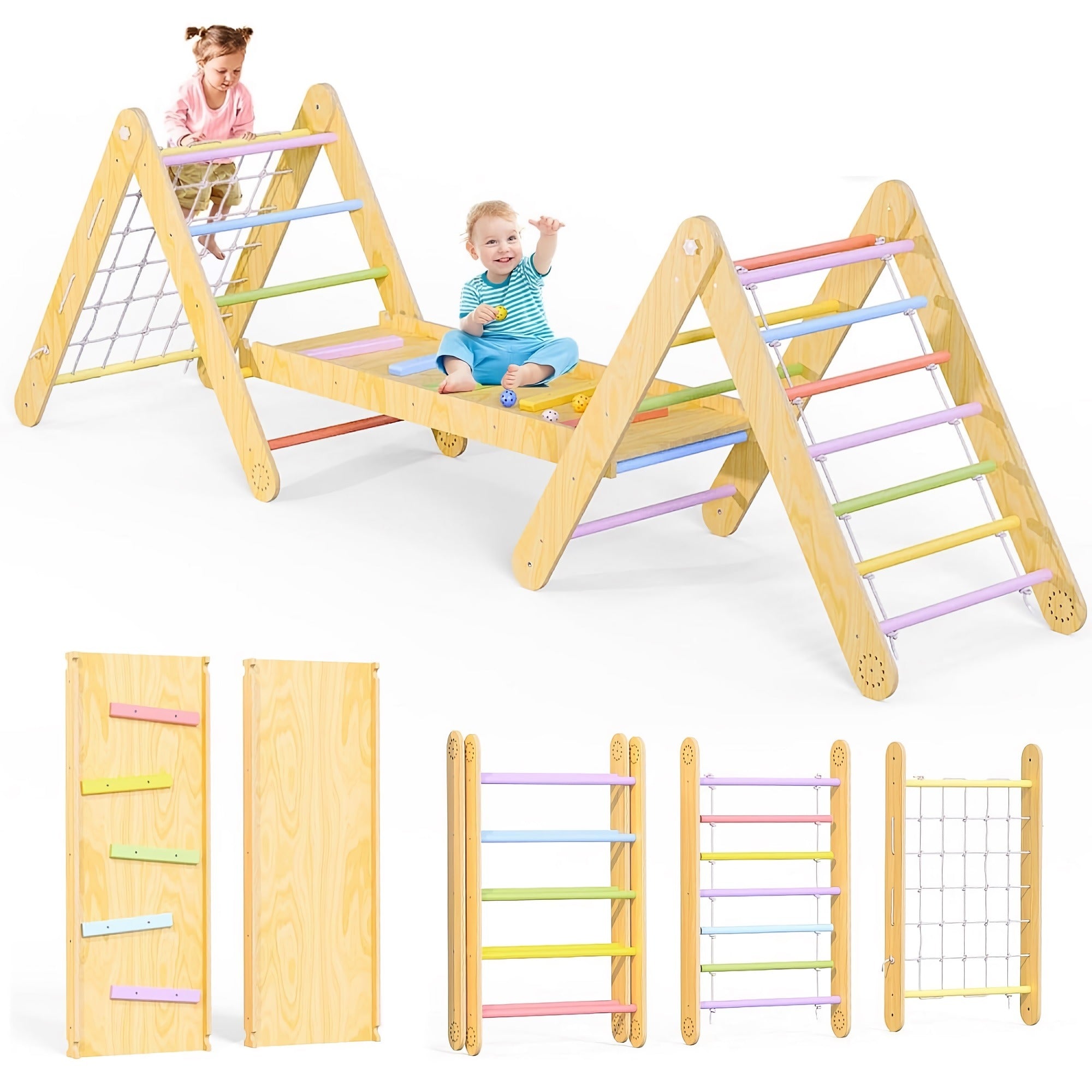 KICKDUCK 7-in-1 Pikler Triangle Set, Foldable Wooden Toddler Climbing Toy Set with Ramp, Climbing Rope, Ladder for Kids, Indoor, Playground - AA0401