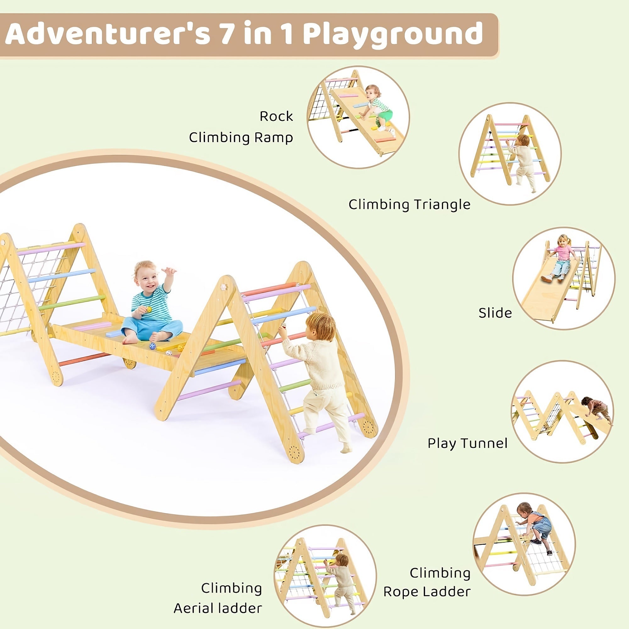 KICKDUCK 7-in-1 Pikler Triangle Set, Foldable Wooden Toddler Climbing Toy Set with Ramp, Climbing Rope, Ladder for Kids, Indoor, Playground - AA0401