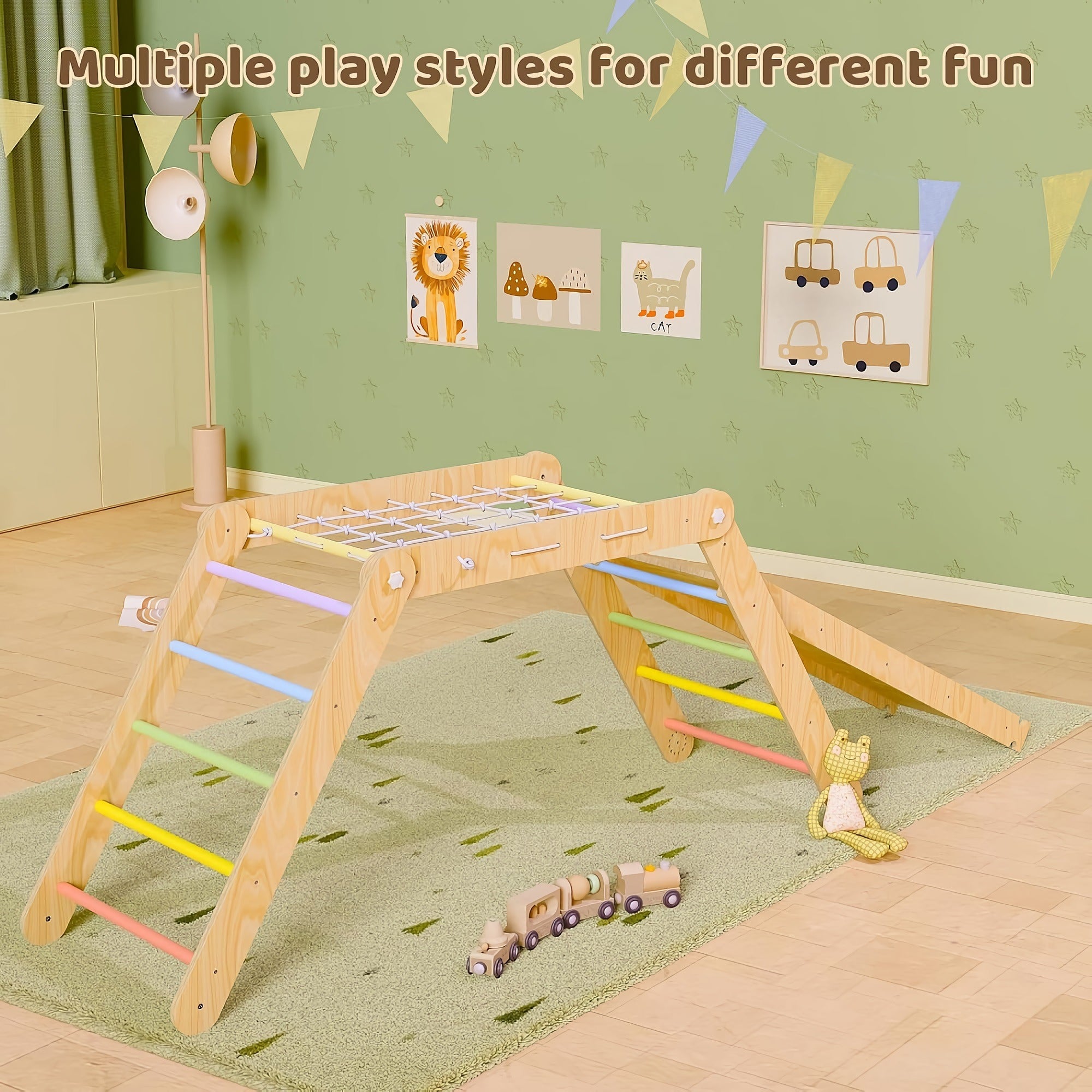 KICKDUCK 7-in-1 Pikler Triangle Set, Foldable Wooden Toddler Climbing Toy Set with Ramp, Climbing Rope, Ladder for Kids, Indoor, Playground - AA0401