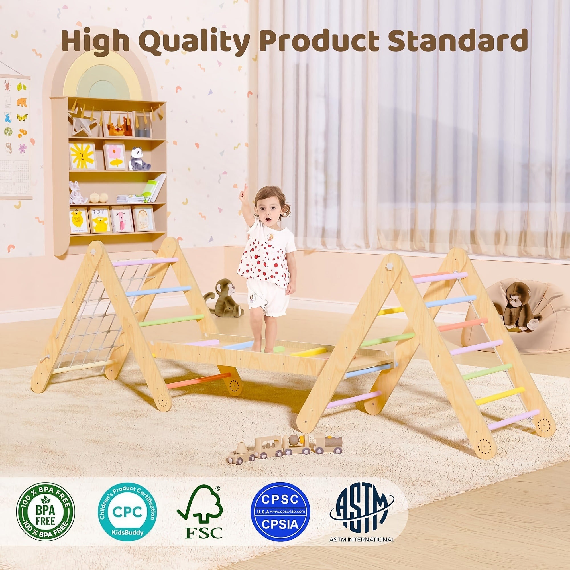KICKDUCK 7-in-1 Pikler Triangle Set, Foldable Wooden Toddler Climbing Toy Set with Ramp, Climbing Rope, Ladder for Kids, Indoor, Playground - AA0401