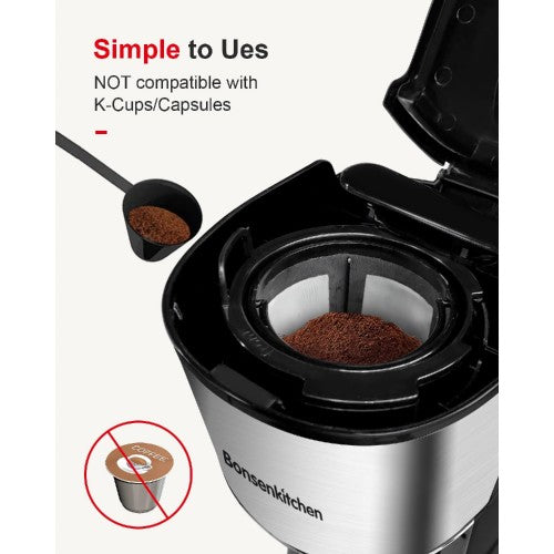 BONSEN KITCHEN Single Serve Coffee Maker, 14oz Compact Coffee Machine with Auto Shut-Off, Reusable Filter for Ground Coffee, Home, Kitchen, Travel