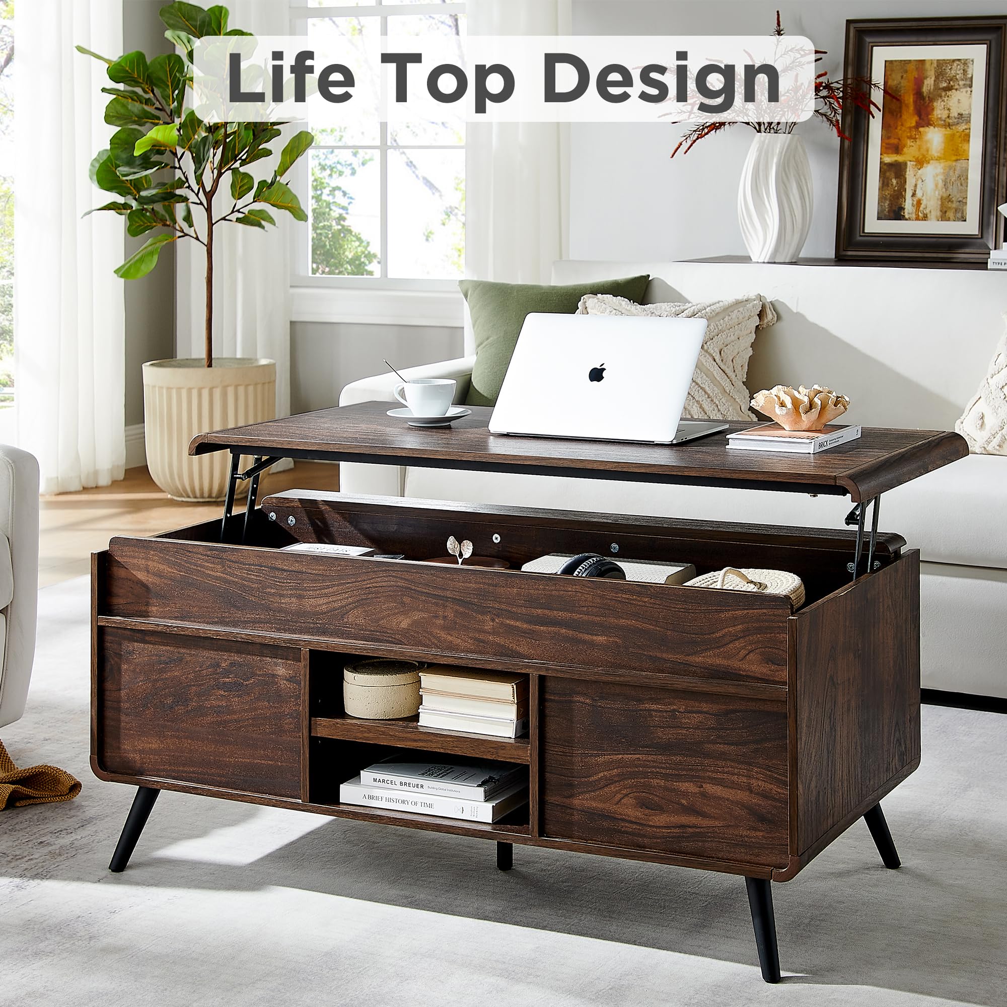 Lift Top Coffee Table, 48 Inch Mid Century Modern Coffee Table