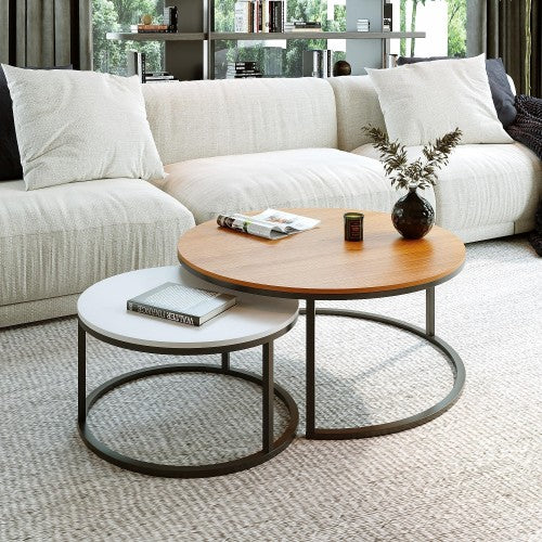 ODIKA 2-Piece Coffee Table Set, Modern Two Tone Nesting Coffee Tables with Industrial Wood Finish, Metal Frame for Home, Living Room