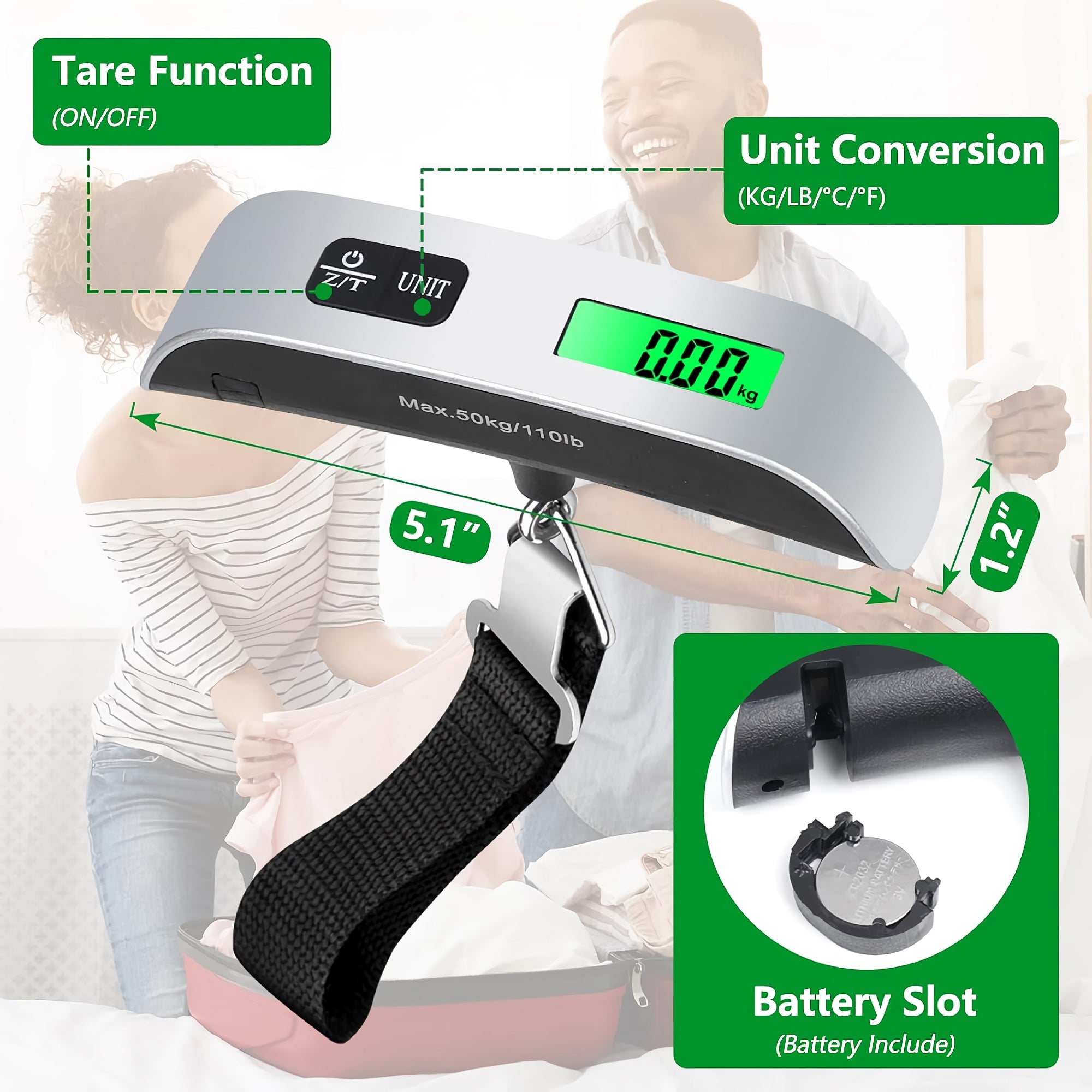 Electronic Luggage Scale, Portable Hanging Digital Weight Scale with Backlight, LCD Display, Up to 50kg/110 lbs with Tare Function for Travel