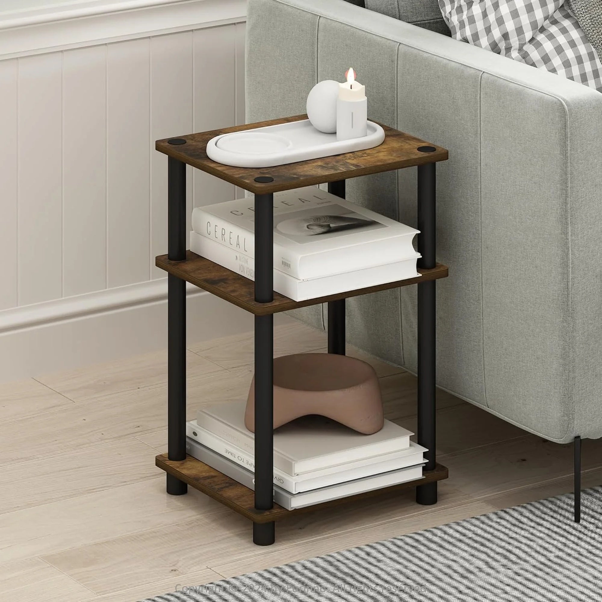 3-Tier End Table with Storage Industrial Side Table with Open Shelves, Rustic Wood & Black Metal Frame Small Bedside Nightstand Space-Saving Accent Table for Living Room, Bedroom, Office