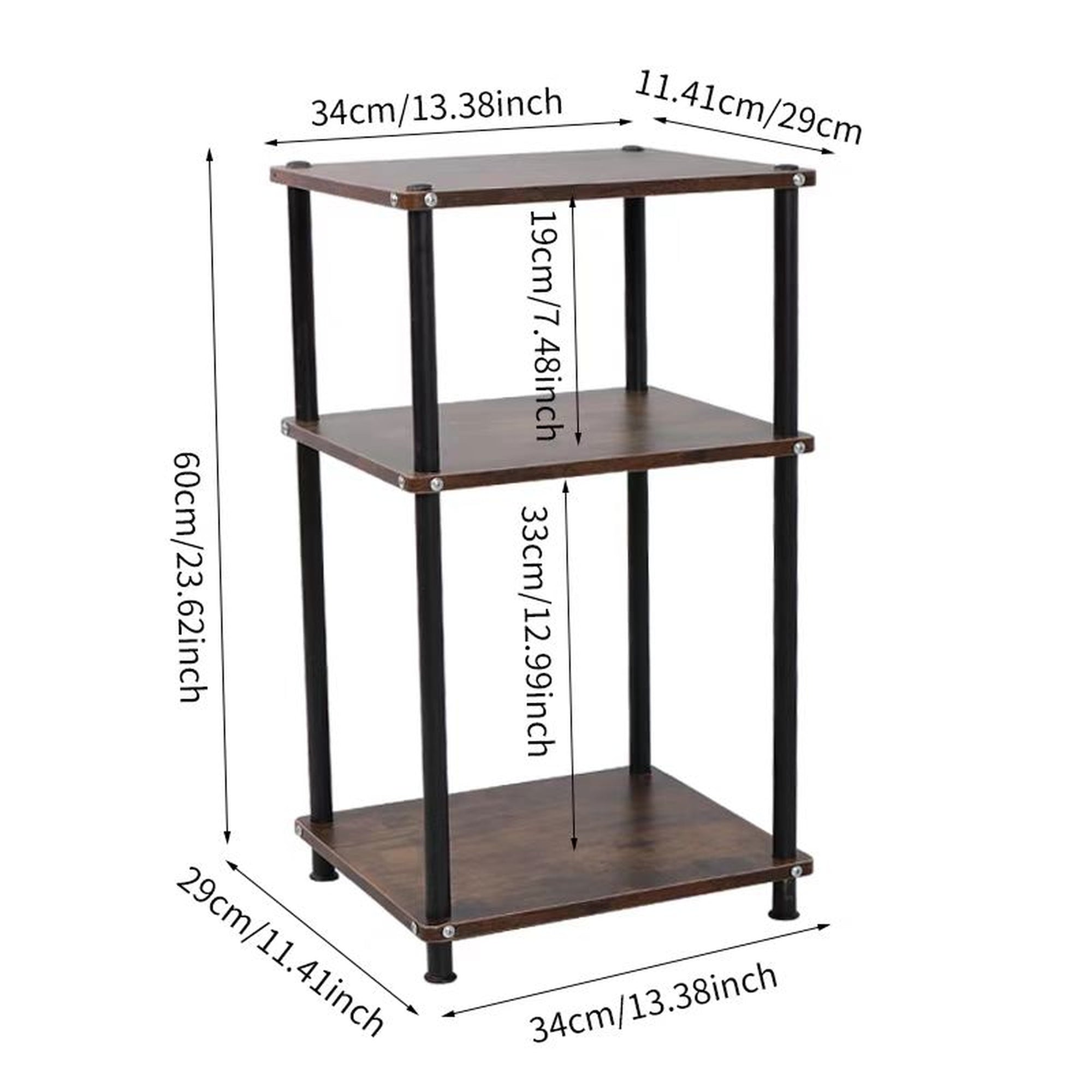 3-Tier End Table with Storage Industrial Side Table with Open Shelves, Rustic Wood & Black Metal Frame Small Bedside Nightstand Space-Saving Accent Table for Living Room, Bedroom, Office