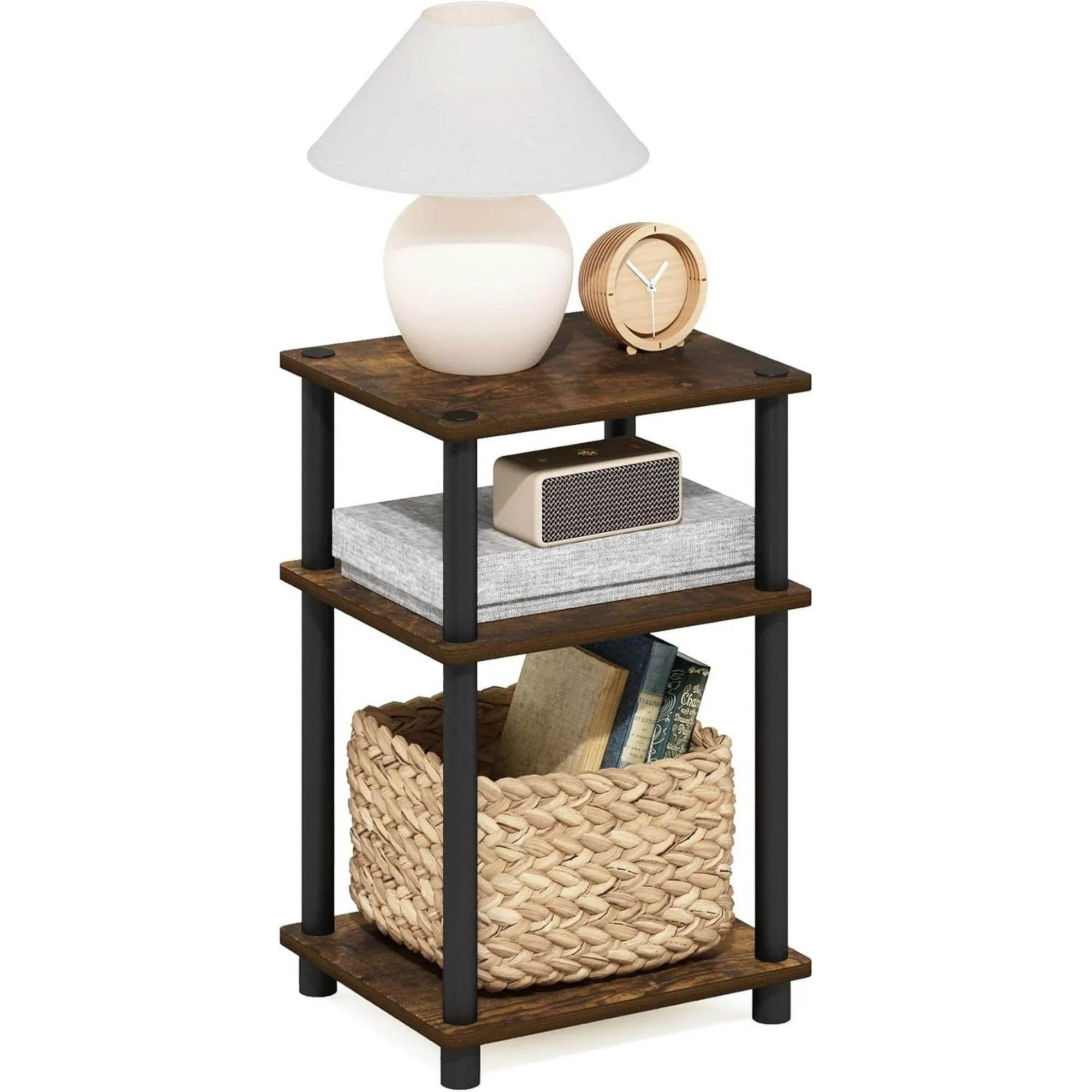 3-Tier End Table with Storage Industrial Side Table with Open Shelves, Rustic Wood & Black Metal Frame Small Bedside Nightstand Space-Saving Accent Table for Living Room, Bedroom, Office