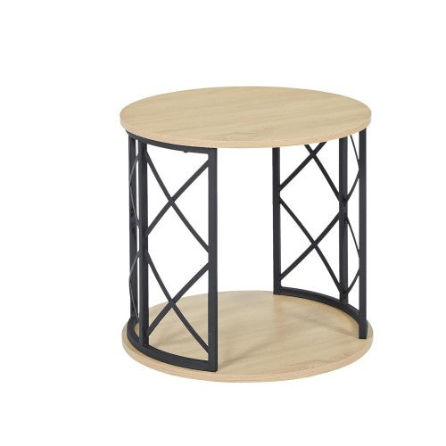 Modern Round End Table with Open Storage Shelf, Metal Frame with Wood Finish Top, Easy Assembly Side Table for Living Room, Bedroom, Office